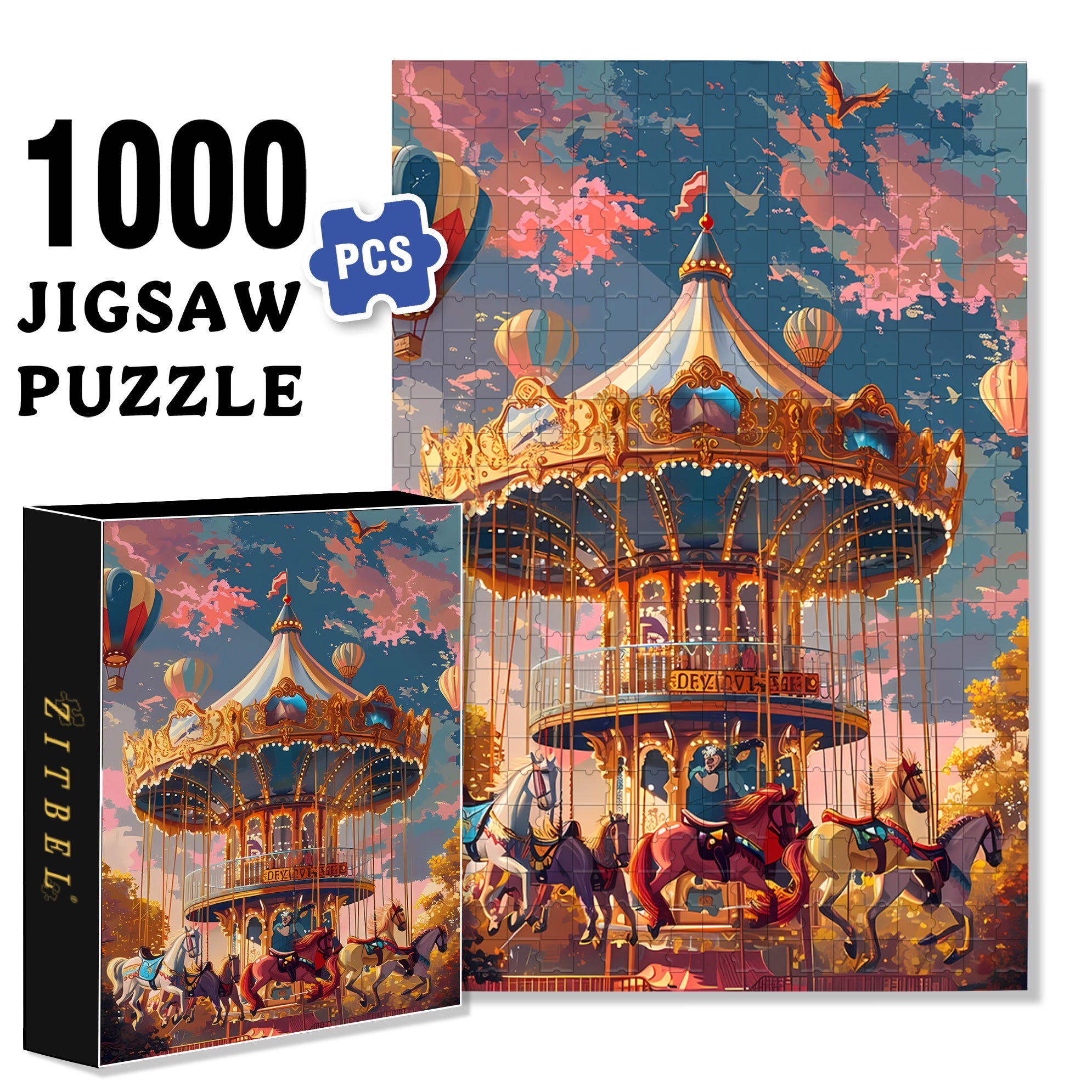 Carousel 500pcs/1000pcs Jigsaw Puzzle, Scratch-Resistant, Interactive Family Game & Brain-Boosting DIY Decor, Perfect for Halloween, Christmas & New Year Gifts, Family Puzzle Game
