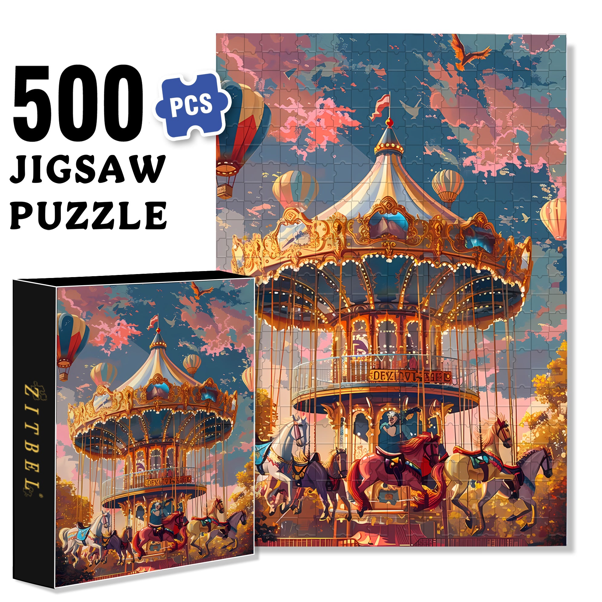 Carousel 500pcs/1000pcs Jigsaw Puzzle, Scratch-Resistant, Interactive Family Game & Brain-Boosting DIY Decor, Perfect for Halloween, Christmas & New Year Gifts, Family Puzzle Game