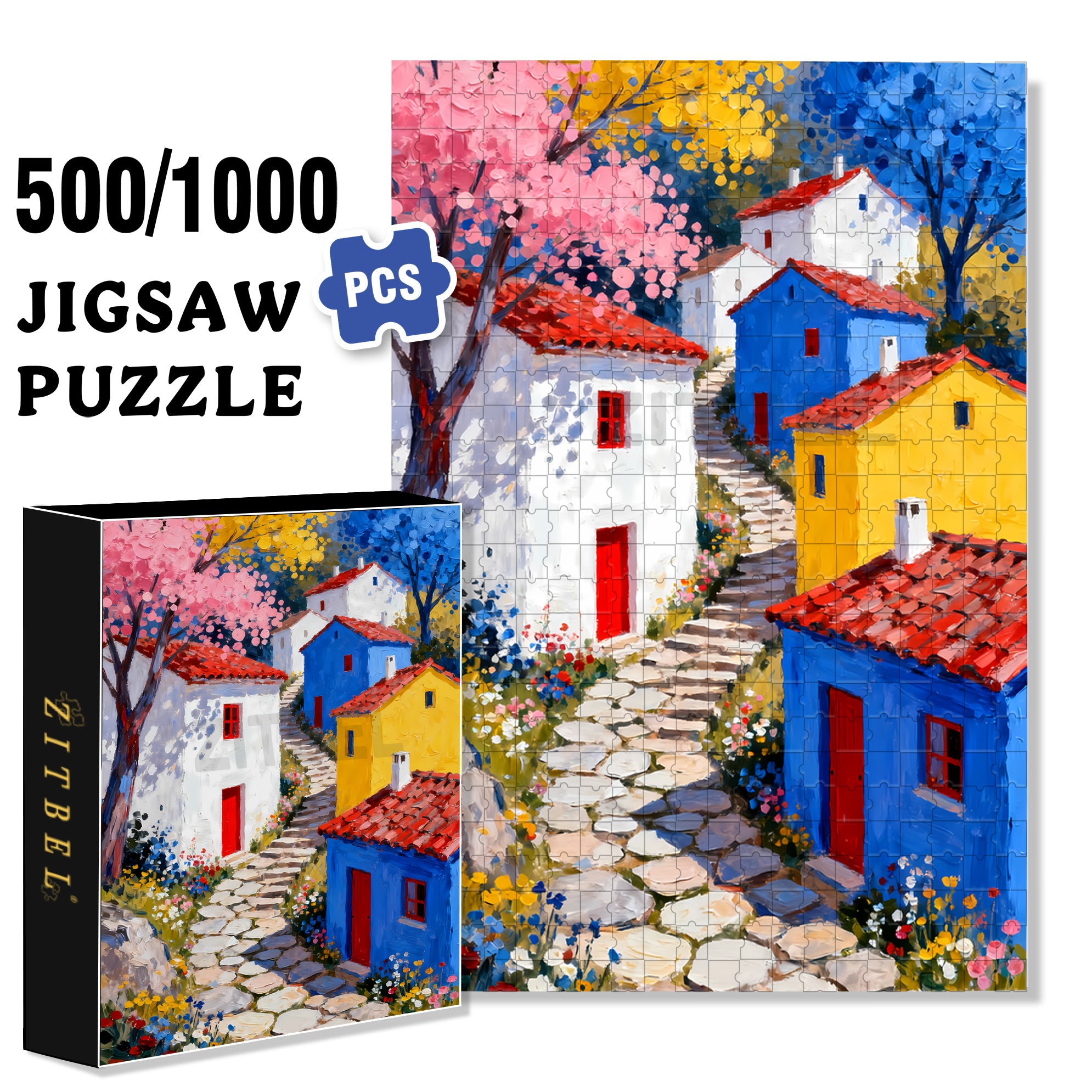 Colorful Village 500pcs/1000pcs Jigsaw Puzzle, Scratch-Resistant, Interactive Family Game & Brain-Boosting DIY Decor, Perfect for Halloween, Christmas & New Year Gifts, Family Puzzle Game