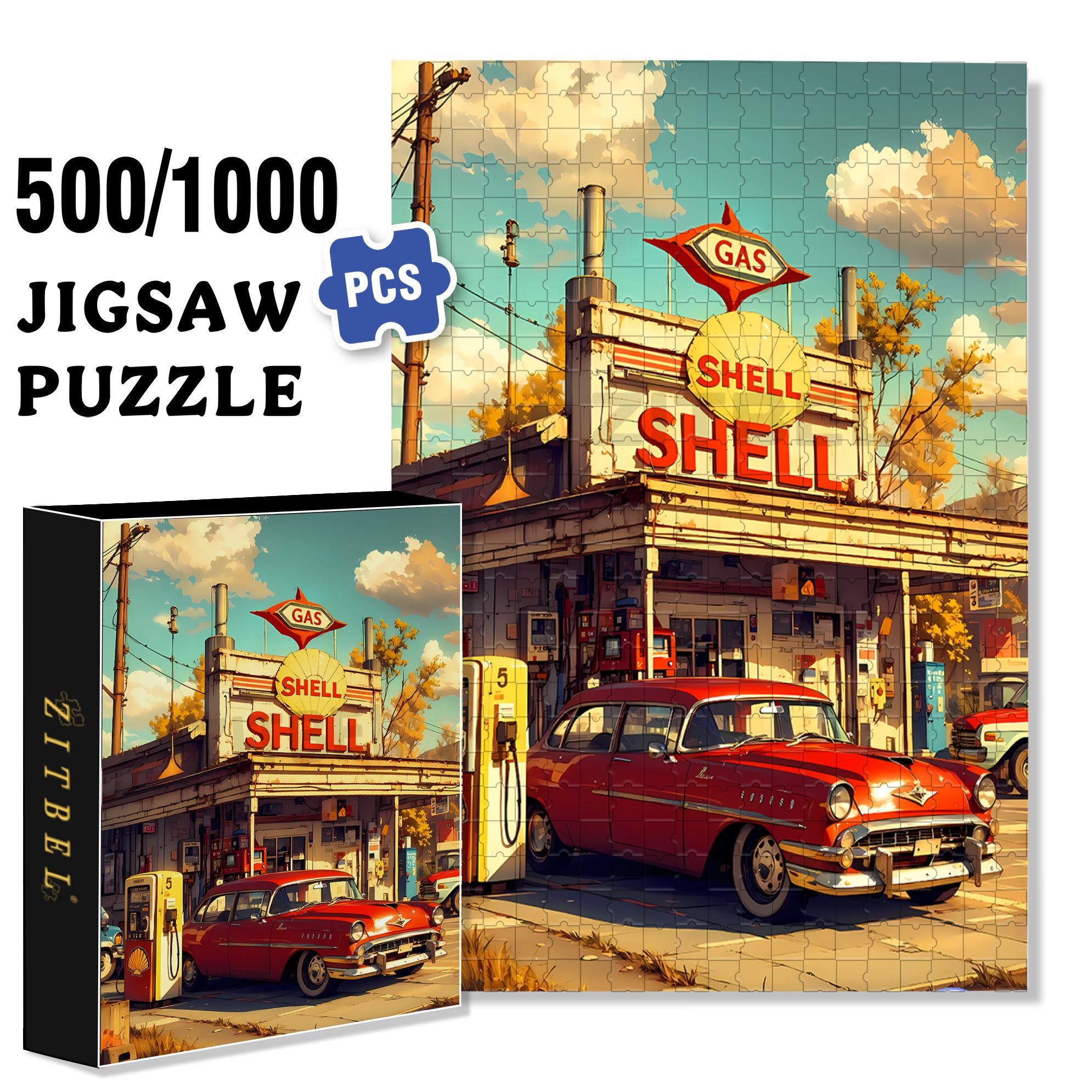 Gas Station 500pcs/1000pcs Jigsaw Puzzle, Scratch-Resistant, Interactive Family Game & Brain-Boosting DIY Decor, Perfect for Halloween, Christmas & New Year Gifts, Family Puzzle Game