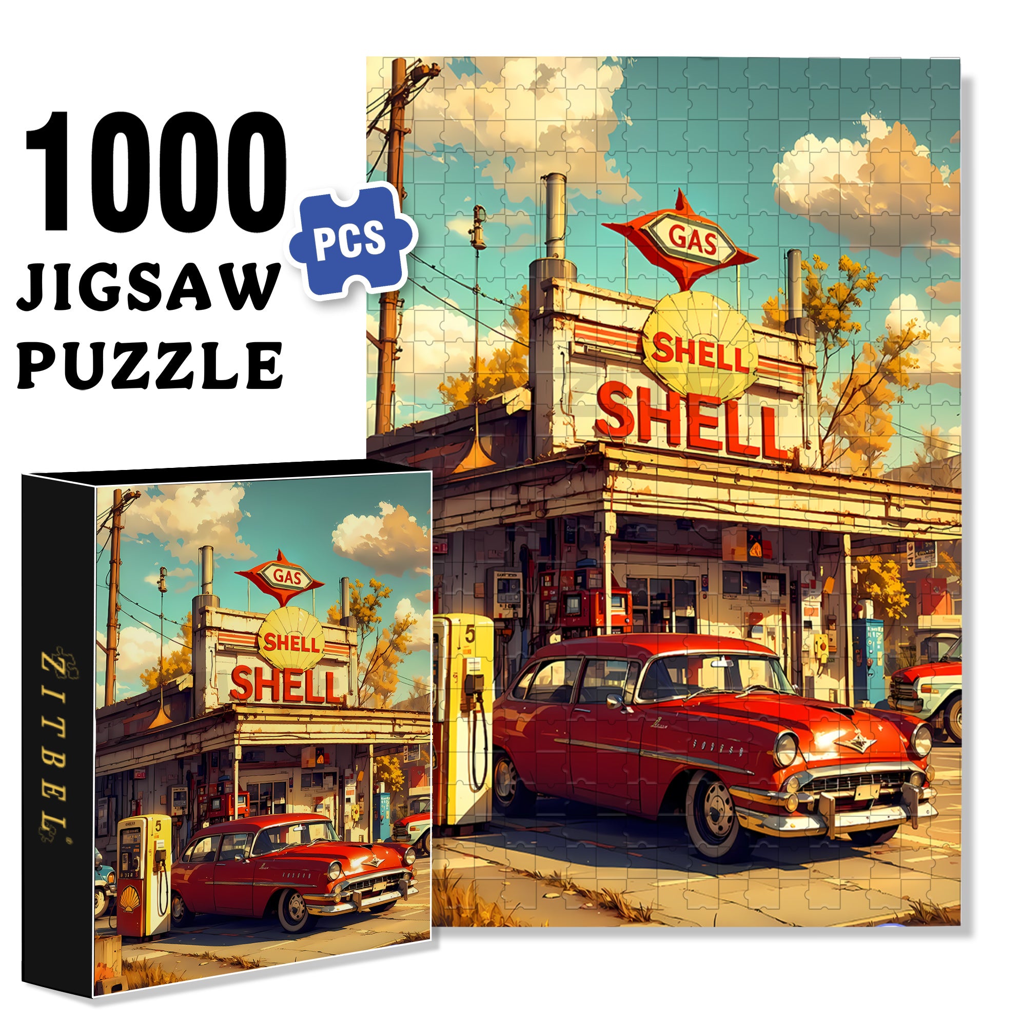 Gas Station 500pcs/1000pcs Jigsaw Puzzle, Scratch-Resistant, Interactive Family Game & Brain-Boosting DIY Decor, Perfect for Halloween, Christmas & New Year Gifts, Family Puzzle Game