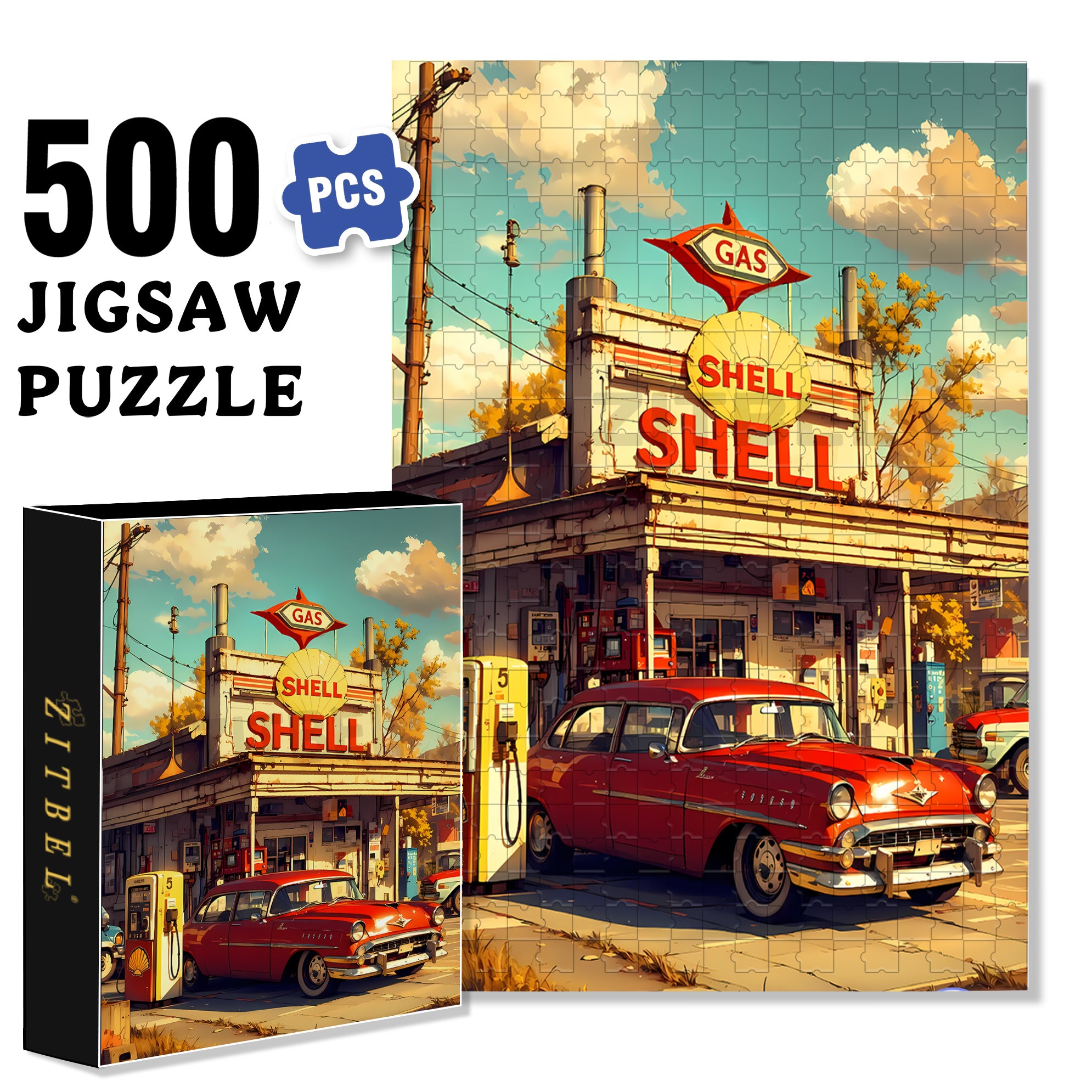 Gas Station 500pcs/1000pcs Jigsaw Puzzle, Scratch-Resistant, Interactive Family Game & Brain-Boosting DIY Decor, Perfect for Halloween, Christmas & New Year Gifts, Family Puzzle Game