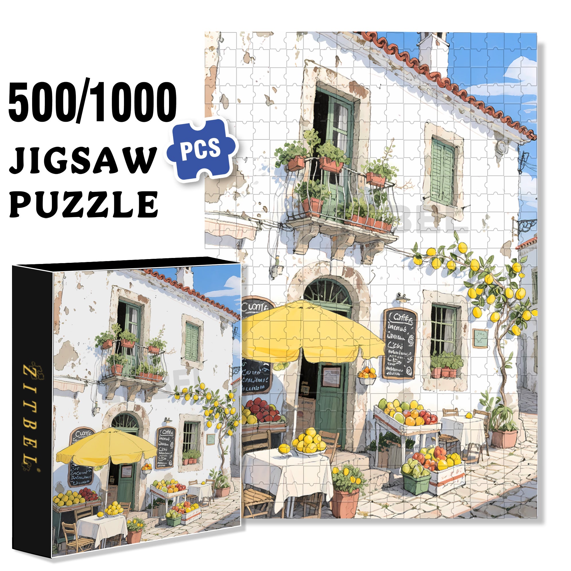 Mediterranean Style 500pcs/1000pcs Jigsaw Puzzle, Scratch-Resistant, Interactive Family Game & Brain-Boosting DIY Decor, Perfect for Halloween, Christmas & New Year Gifts, Family Puzzle Game