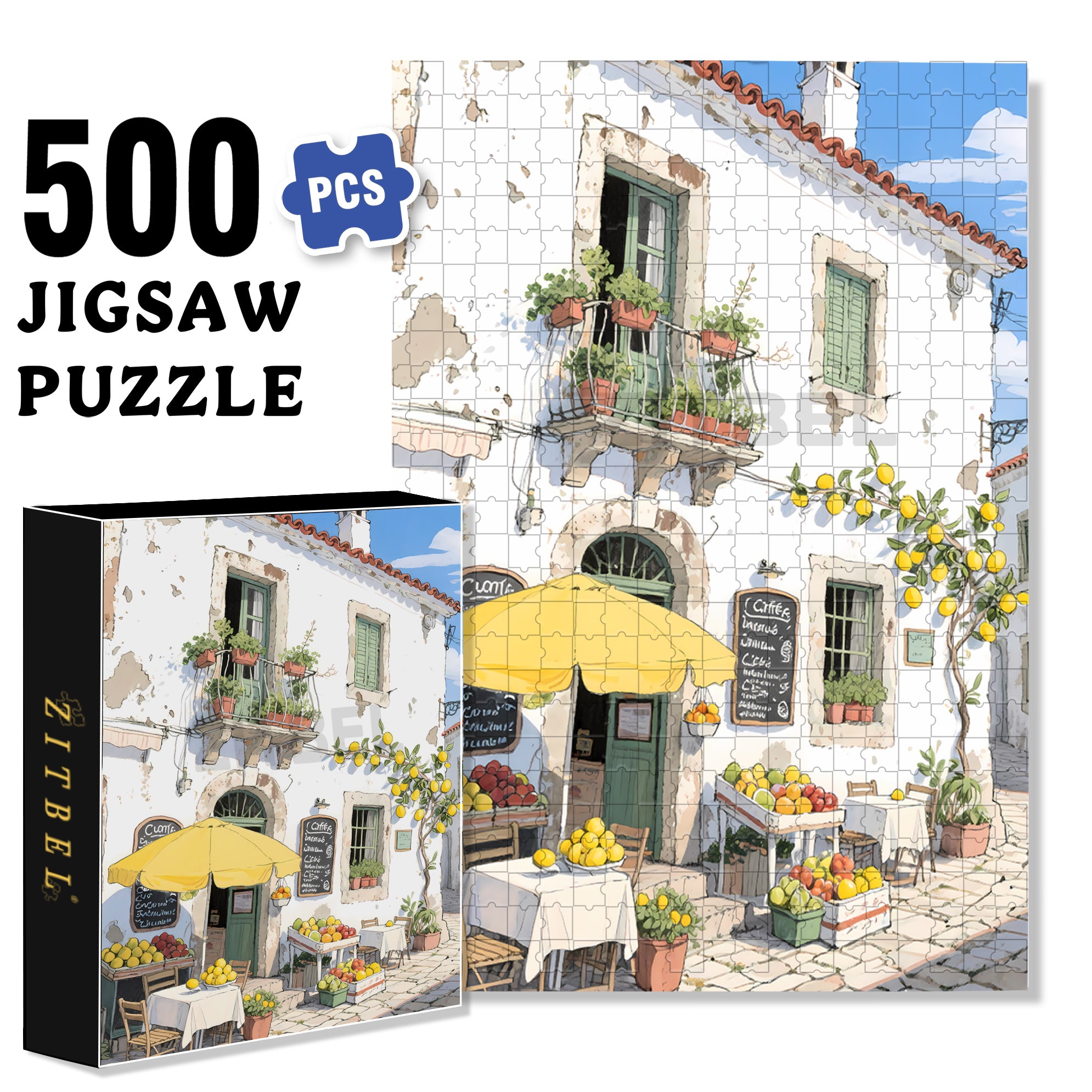 Mediterranean Style 500pcs/1000pcs Jigsaw Puzzle, Scratch-Resistant, Interactive Family Game & Brain-Boosting DIY Decor, Perfect for Halloween, Christmas & New Year Gifts, Family Puzzle Game