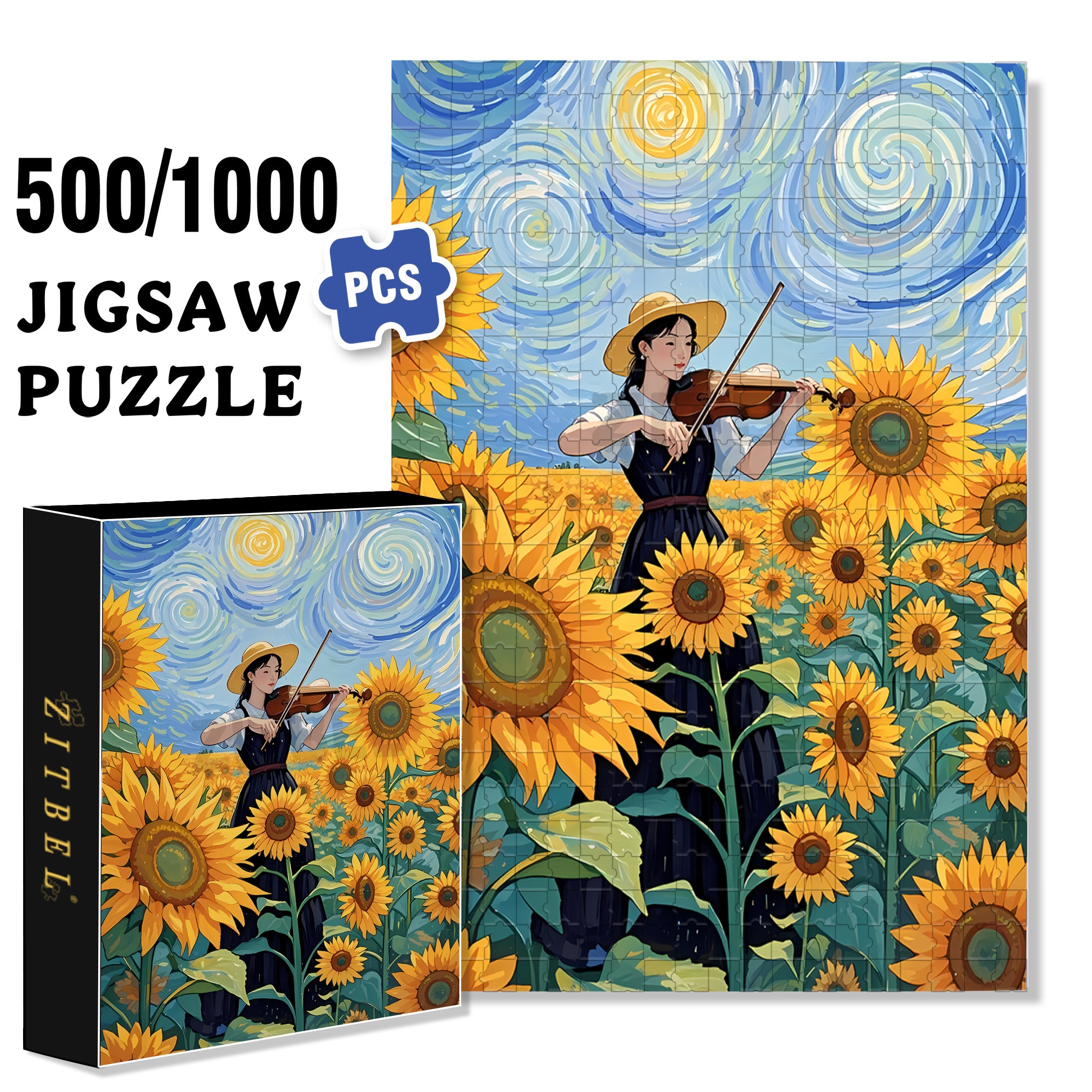 Violin and Sunflowers 500pcs/1000pcs Jigsaw Puzzle, Scratch-Resistant, Interactive Family Game & Brain-Boosting DIY Decor, Perfect for Halloween, Christmas & New Year Gifts, Family Puzzle Game