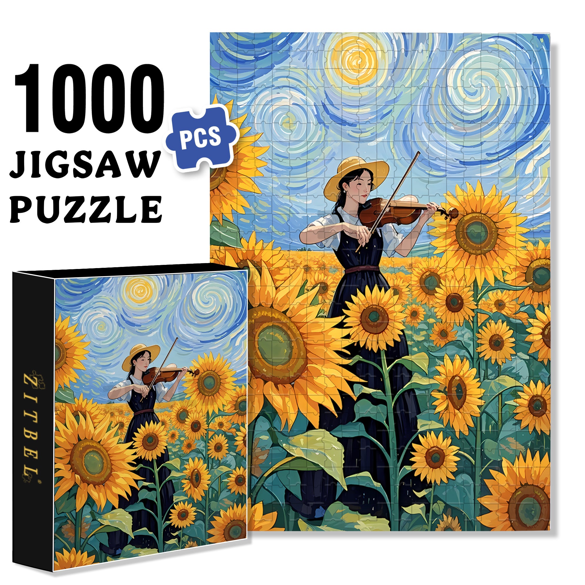 Violin and Sunflowers 500pcs/1000pcs Jigsaw Puzzle, Scratch-Resistant, Interactive Family Game & Brain-Boosting DIY Decor, Perfect for Halloween, Christmas & New Year Gifts, Family Puzzle Game