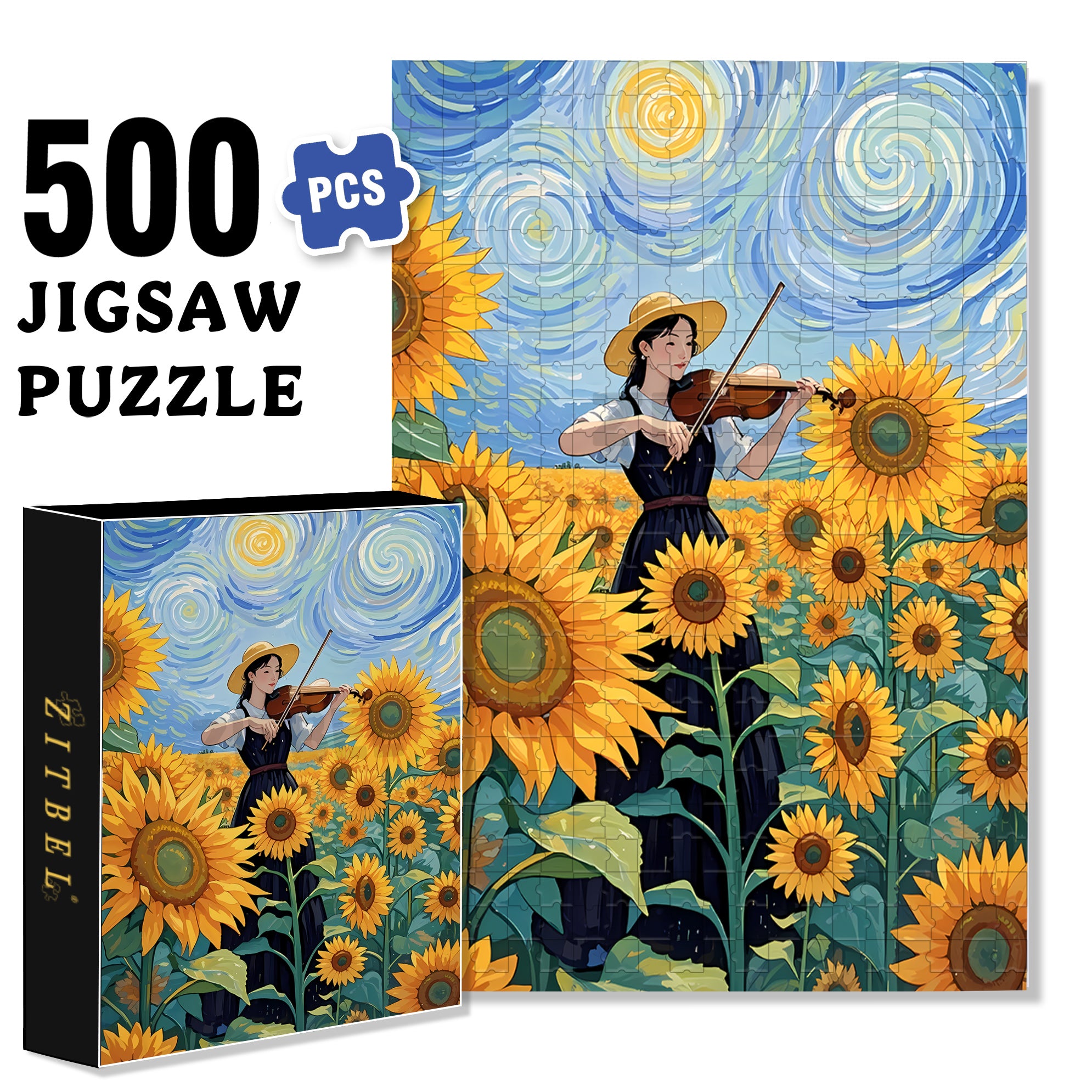 Violin and Sunflowers 500pcs/1000pcs Jigsaw Puzzle, Scratch-Resistant, Interactive Family Game & Brain-Boosting DIY Decor, Perfect for Halloween, Christmas & New Year Gifts, Family Puzzle Game