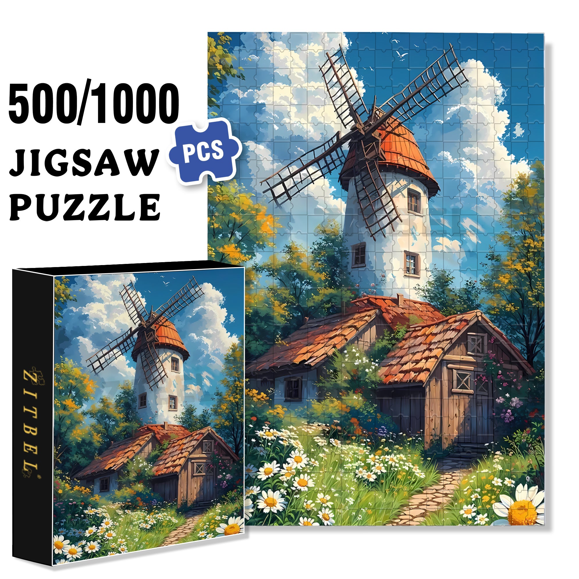 Windmill 500pcs/1000pcs Jigsaw Puzzle, Scratch-Resistant, Interactive Family Game & Brain-Boosting DIY Decor, Perfect for Halloween, Christmas & New Year Gifts, Family Puzzle Game