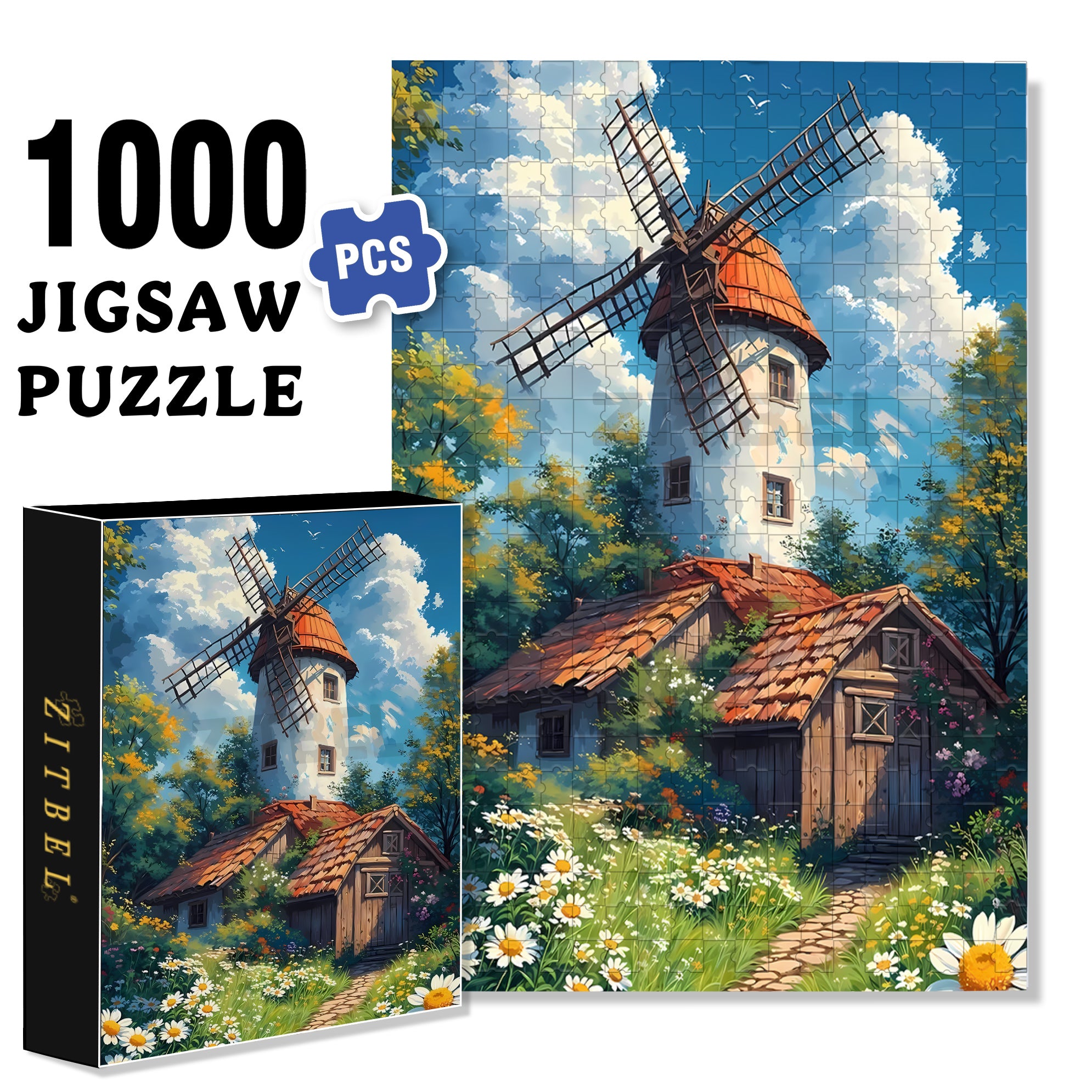 Windmill 500pcs/1000pcs Jigsaw Puzzle, Scratch-Resistant, Interactive Family Game & Brain-Boosting DIY Decor, Perfect for Halloween, Christmas & New Year Gifts, Family Puzzle Game