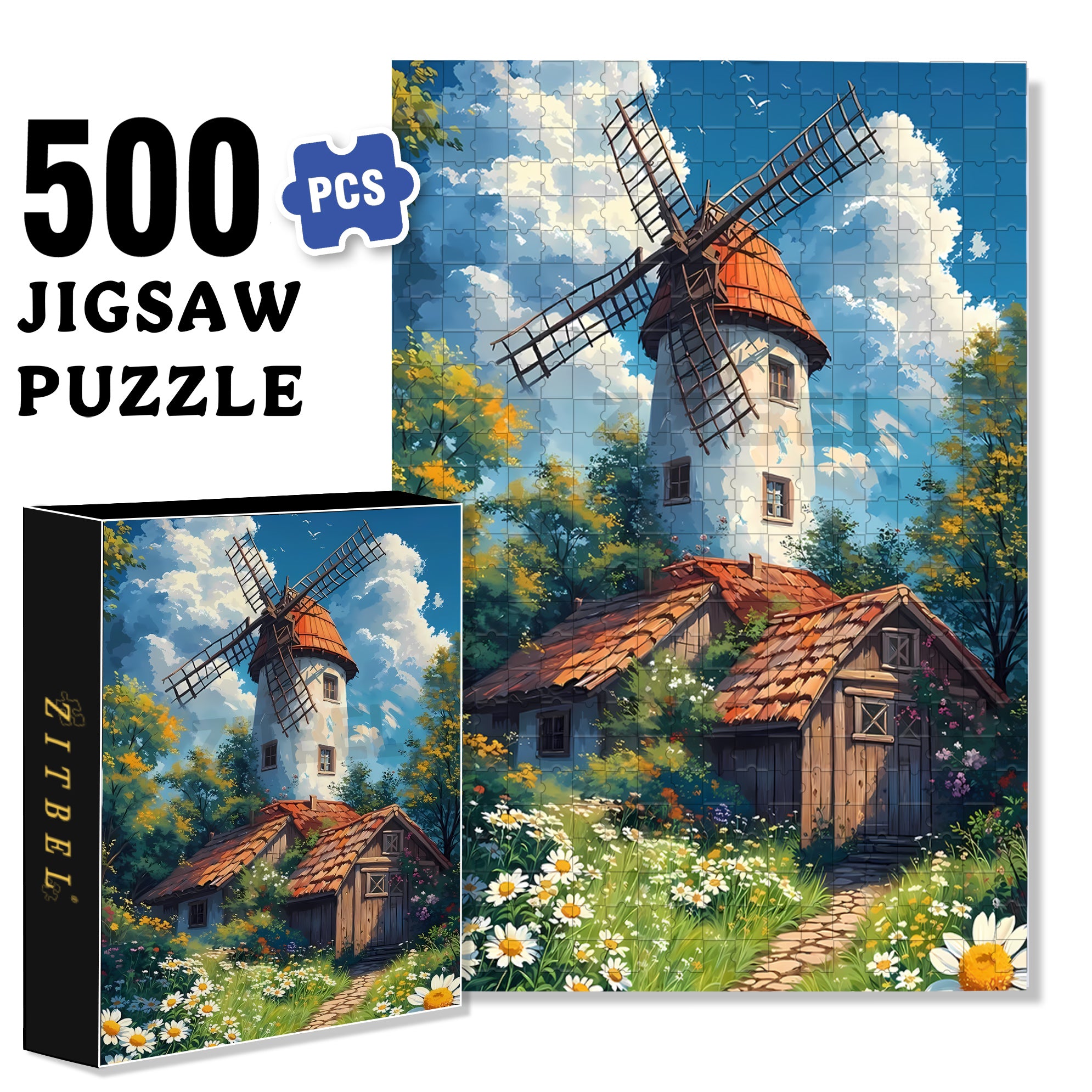 Windmill 500pcs/1000pcs Jigsaw Puzzle, Scratch-Resistant, Interactive Family Game & Brain-Boosting DIY Decor, Perfect for Halloween, Christmas & New Year Gifts, Family Puzzle Game