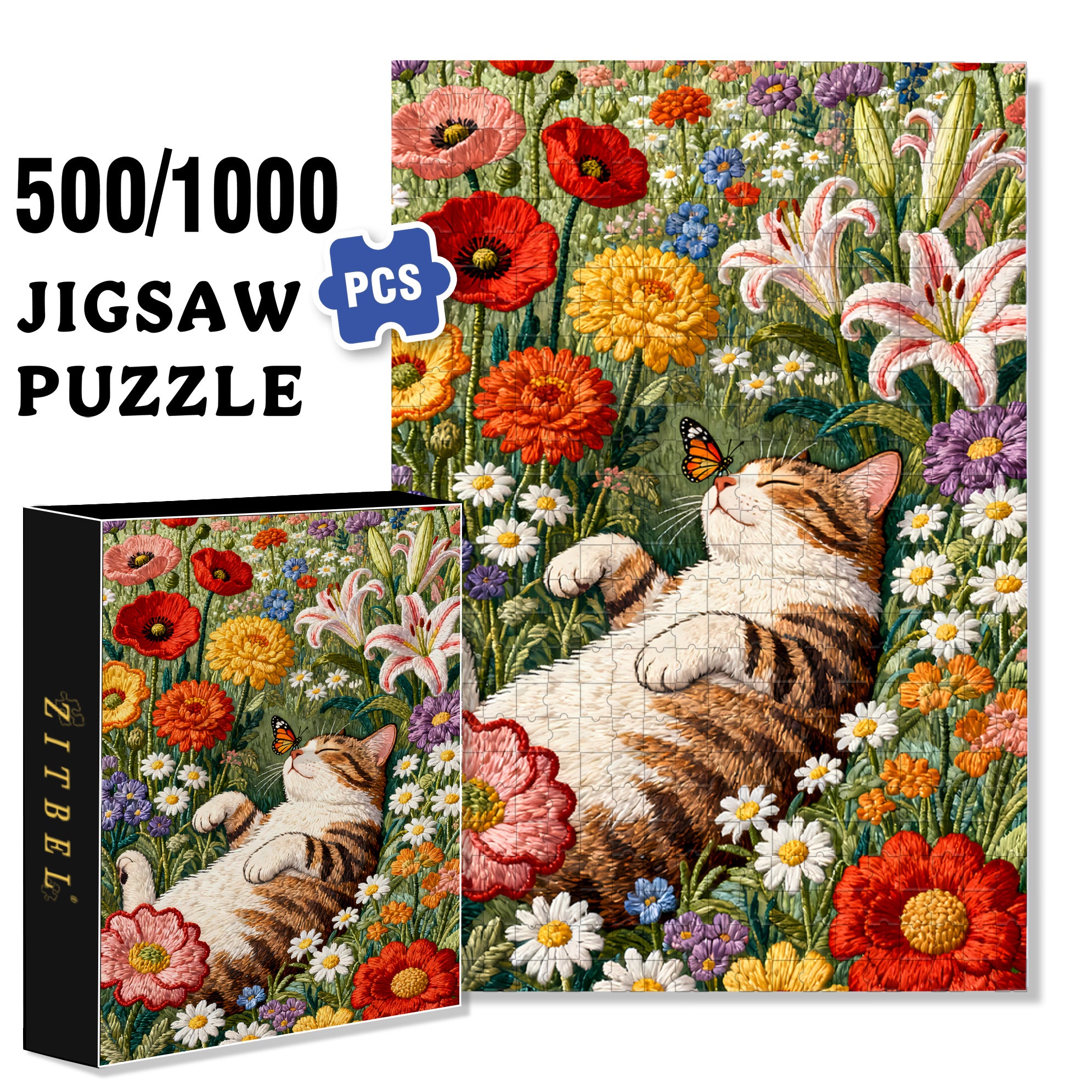Butterfly and Cat 500pcs/1000pcs Jigsaw Puzzle, Scratch-Resistant, Interactive Family Game & Brain-Boosting DIY Decor, Perfect for Halloween, Christmas & New Year Gifts, Family Puzzle Game