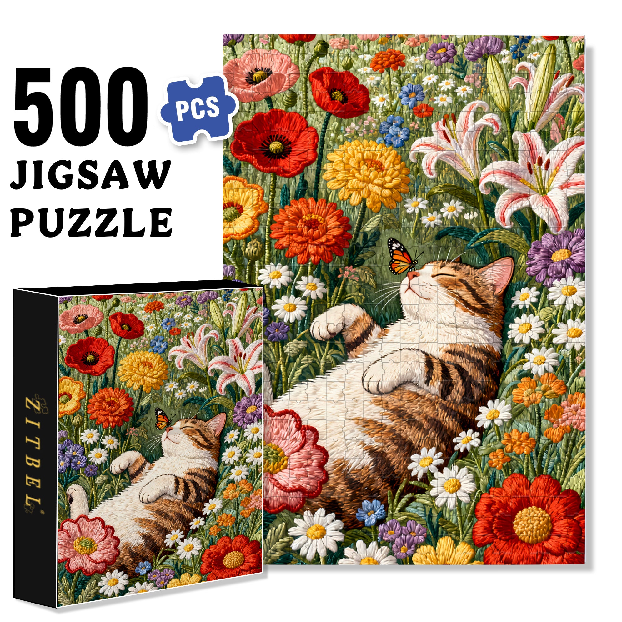Butterfly and Cat 500pcs/1000pcs Jigsaw Puzzle, Scratch-Resistant, Interactive Family Game & Brain-Boosting DIY Decor, Perfect for Halloween, Christmas & New Year Gifts, Family Puzzle Game