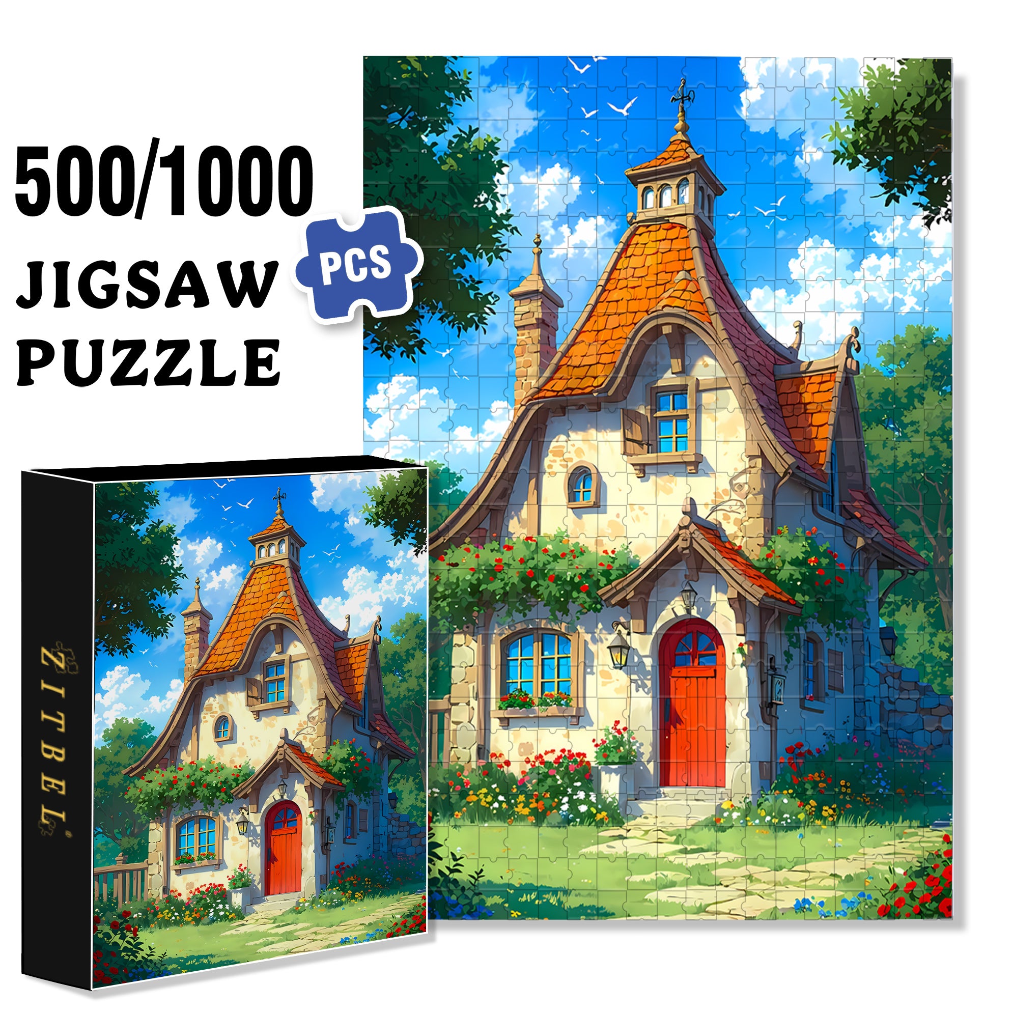 Cottages 500pcs/1000pcs Jigsaw Puzzle, Scratch-Resistant, Interactive Family Game & Brain-Boosting DIY Decor, Perfect for Halloween, Christmas & New Year Gifts, Family Puzzle Game