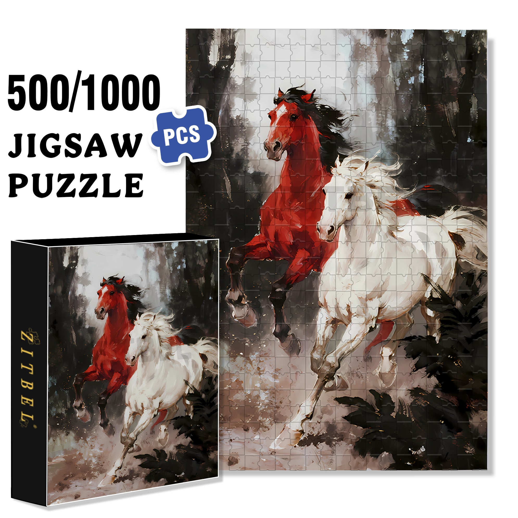 Galloping Horse 500pcs/1000pcs Jigsaw Puzzle, Scratch-Resistant, Interactive Family Game & Brain-Boosting DIY Decor, Perfect for Halloween, Christmas & New Year Gifts, Family Puzzle Game
