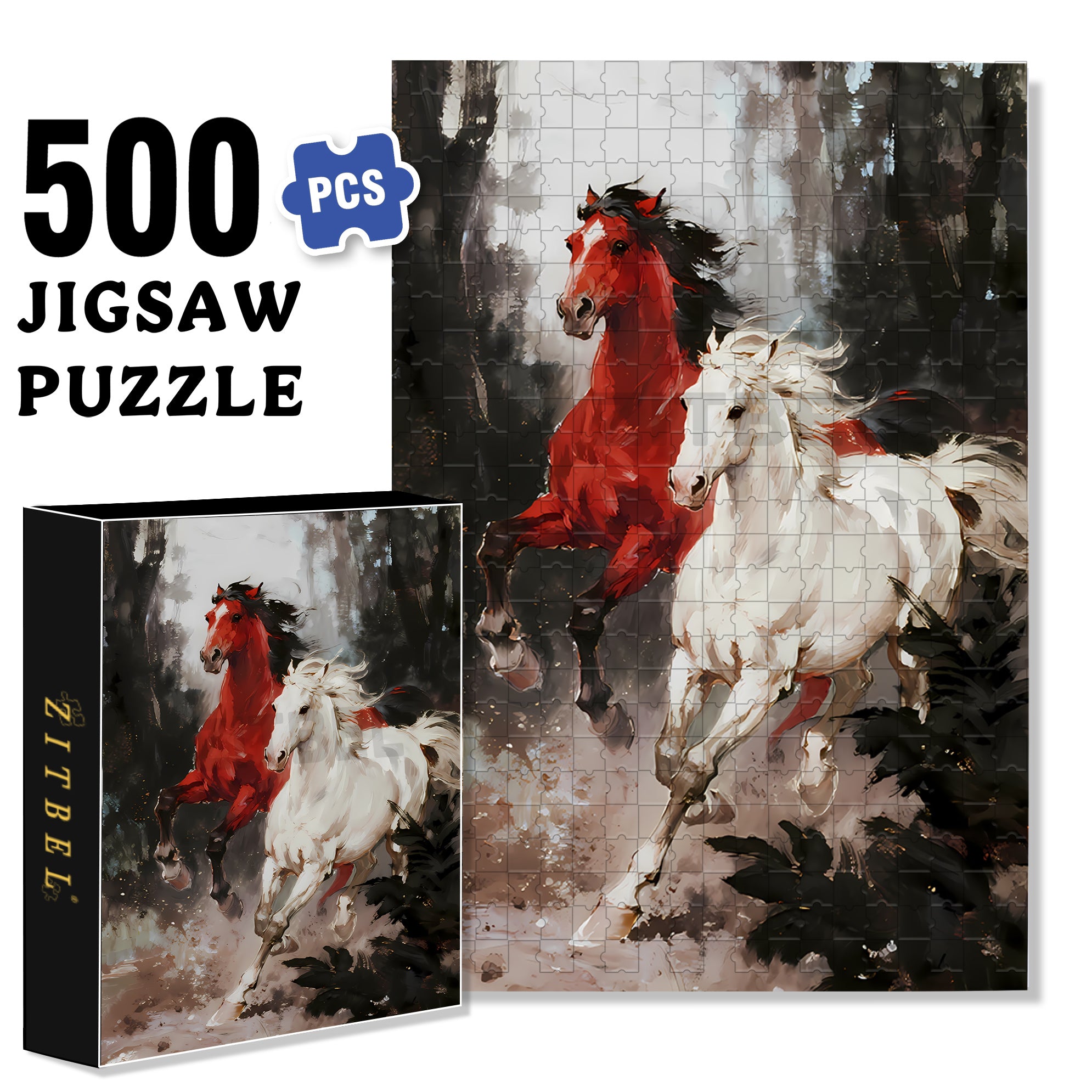 Galloping Horse 500pcs/1000pcs Jigsaw Puzzle, Scratch-Resistant, Interactive Family Game & Brain-Boosting DIY Decor, Perfect for Halloween, Christmas & New Year Gifts, Family Puzzle Game