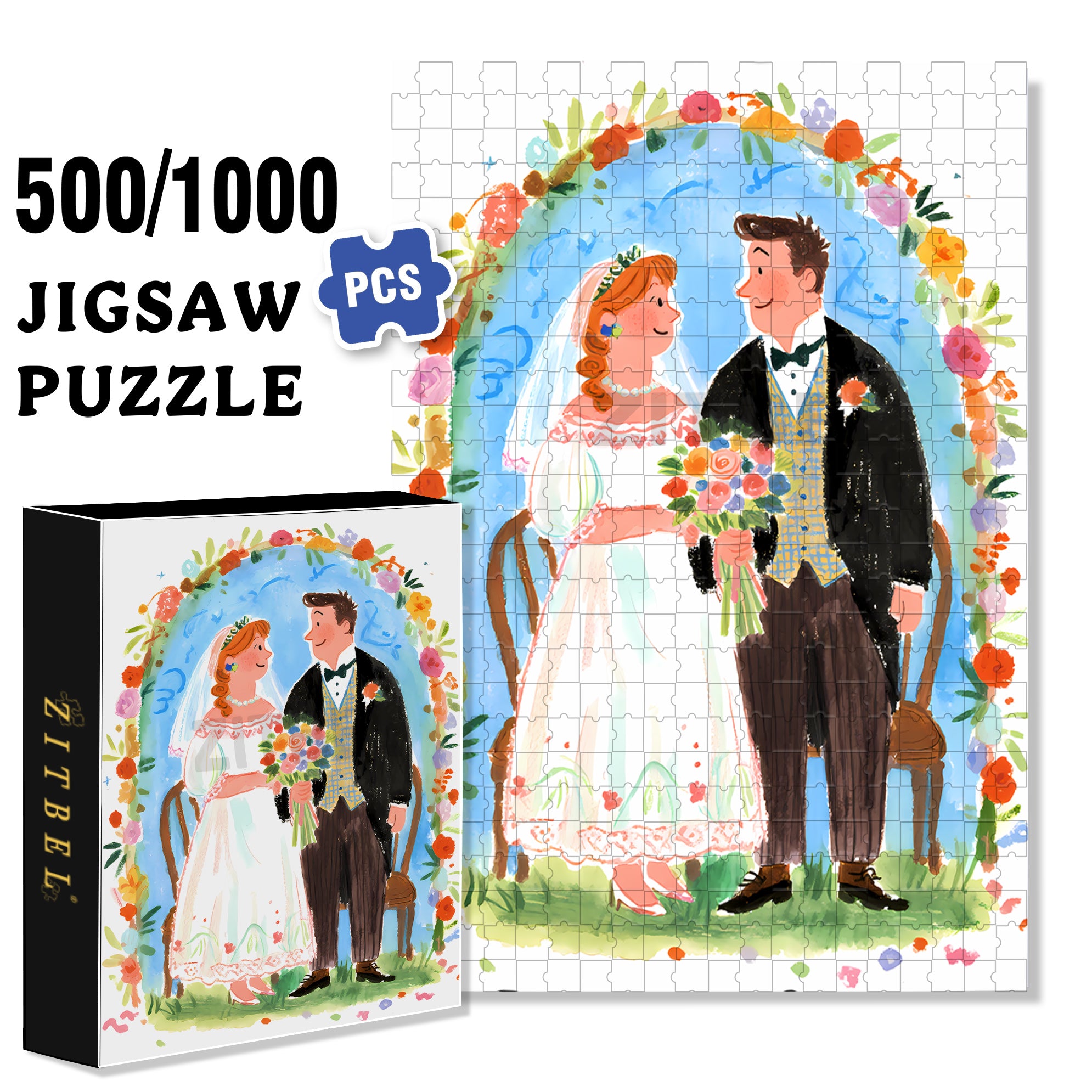 Happy Wedding 500pcs/1000pcs Jigsaw Puzzle, Scratch-Resistant, Interactive Family Game & Brain-Boosting DIY Decor, Perfect for Halloween, Christmas & New Year Gifts, Family Puzzle Game