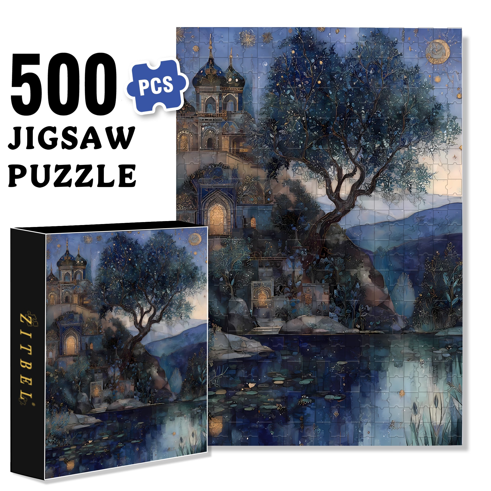 Moonlit Pond 500pcs/1000pcs Jigsaw Puzzle, Scratch-Resistant, Interactive Family Game & Brain-Boosting DIY Decor, Perfect for Halloween, Christmas & New Year Gifts, Family Puzzle Game