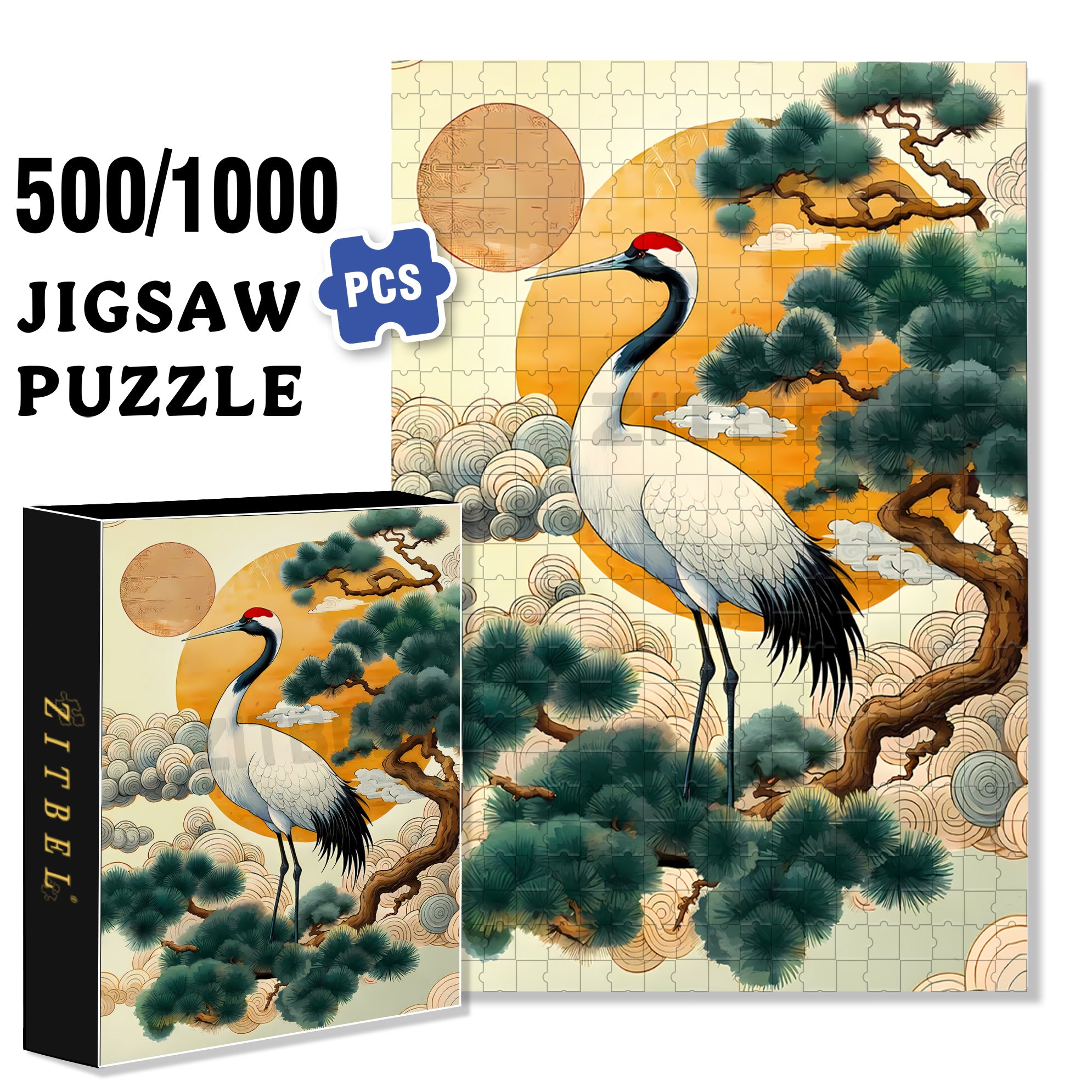 Pine And Crane Prolong Life 500pcs/1000pcs Jigsaw Puzzle, Scratch-Resistant, Interactive Family Game & Brain-Boosting DIY Decor, Perfect for Halloween, Christmas & New Year Gifts, Family Puzzle Game