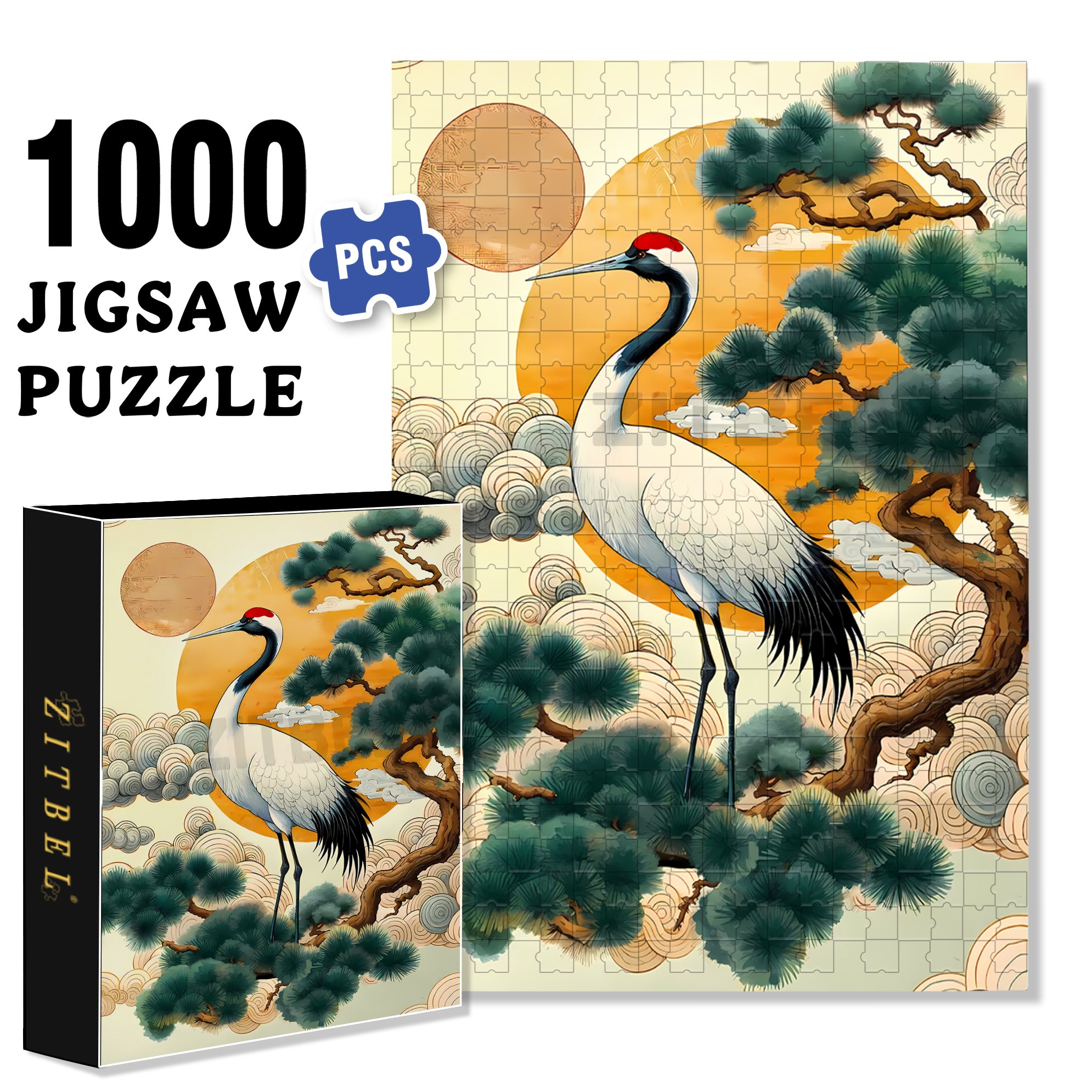 Pine And Crane Prolong Life 500pcs/1000pcs Jigsaw Puzzle, Scratch-Resistant, Interactive Family Game & Brain-Boosting DIY Decor, Perfect for Halloween, Christmas & New Year Gifts, Family Puzzle Game