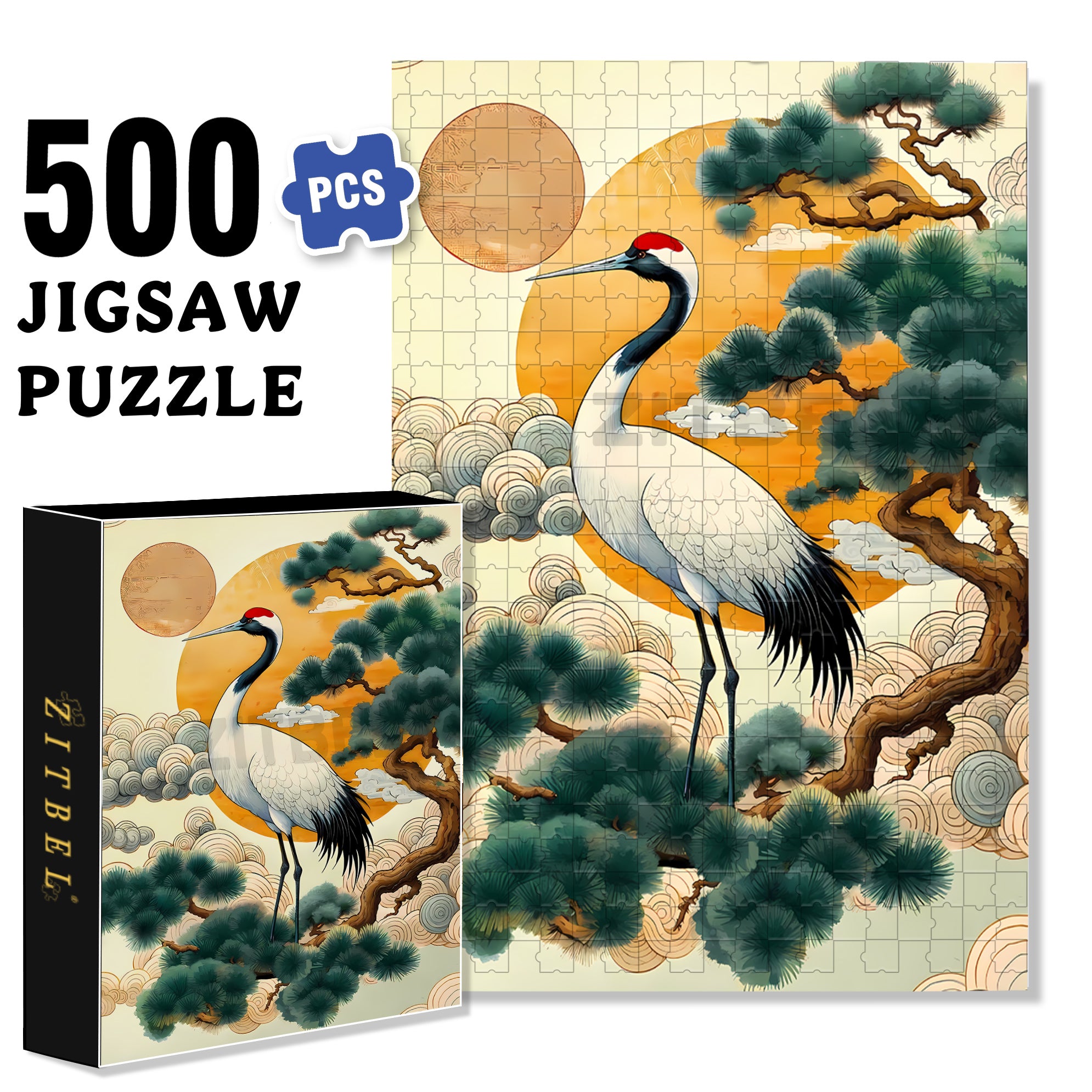 Pine And Crane Prolong Life 500pcs/1000pcs Jigsaw Puzzle, Scratch-Resistant, Interactive Family Game & Brain-Boosting DIY Decor, Perfect for Halloween, Christmas & New Year Gifts, Family Puzzle Game
