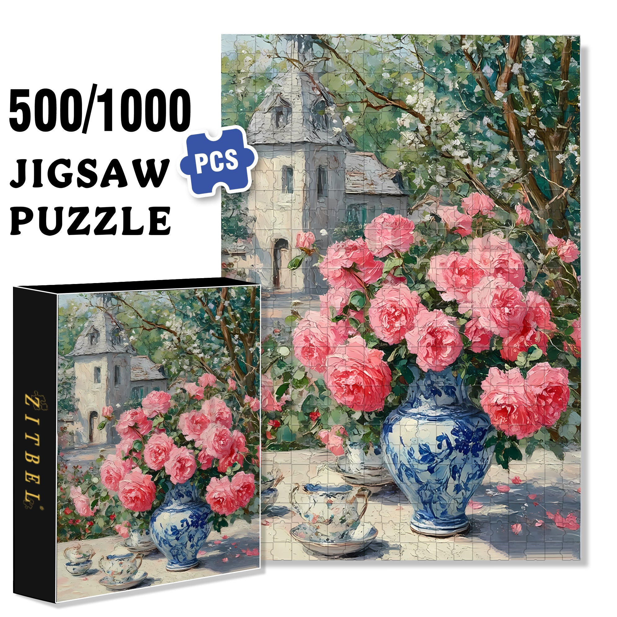 Pink Rose 500pcs/1000pcs Jigsaw Puzzle, Scratch-Resistant, Interactive Family Game & Brain-Boosting DIY Decor, Perfect for Halloween, Christmas & New Year Gifts, Family Puzzle Game