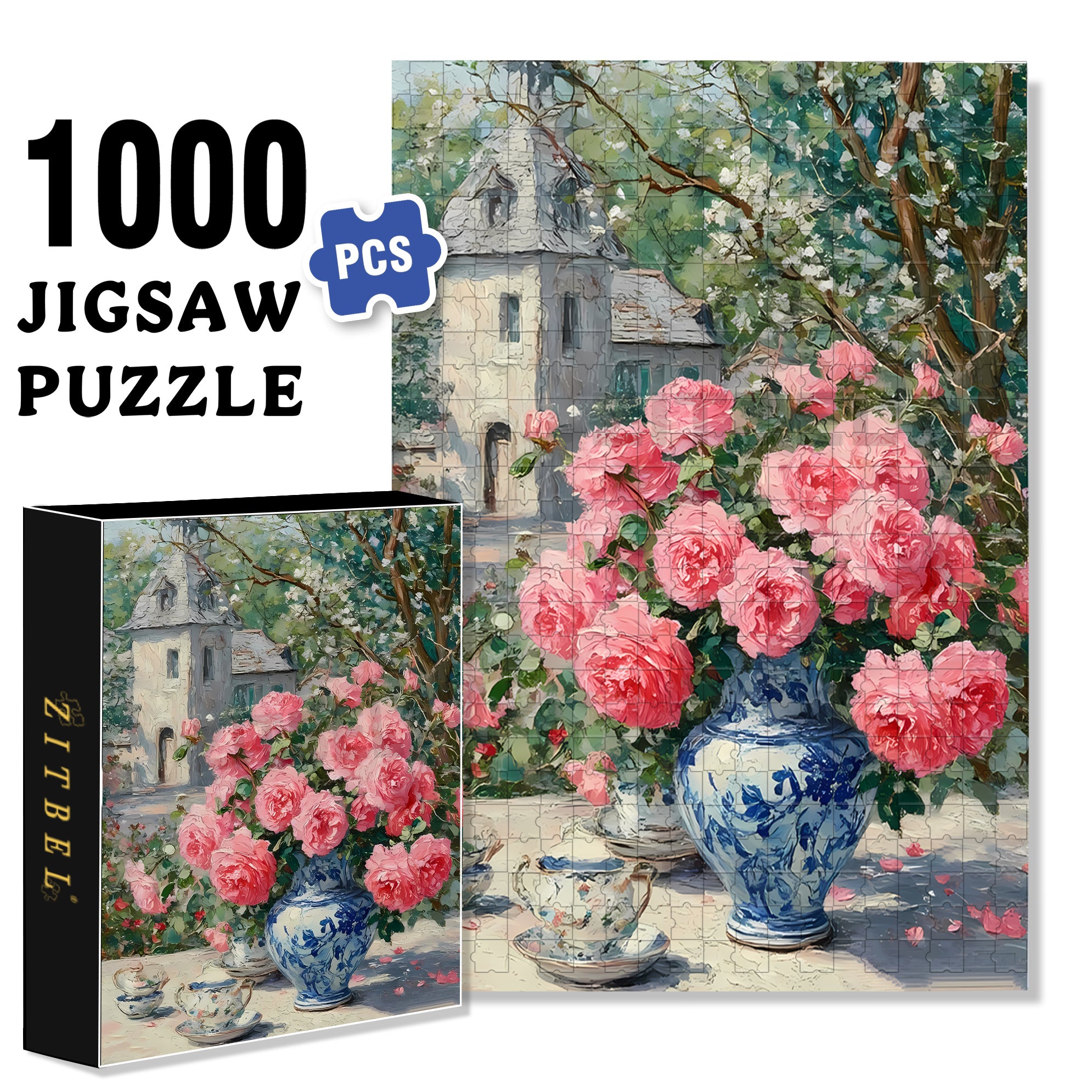 Pink Rose 500pcs/1000pcs Jigsaw Puzzle, Scratch-Resistant, Interactive Family Game & Brain-Boosting DIY Decor, Perfect for Halloween, Christmas & New Year Gifts, Family Puzzle Game