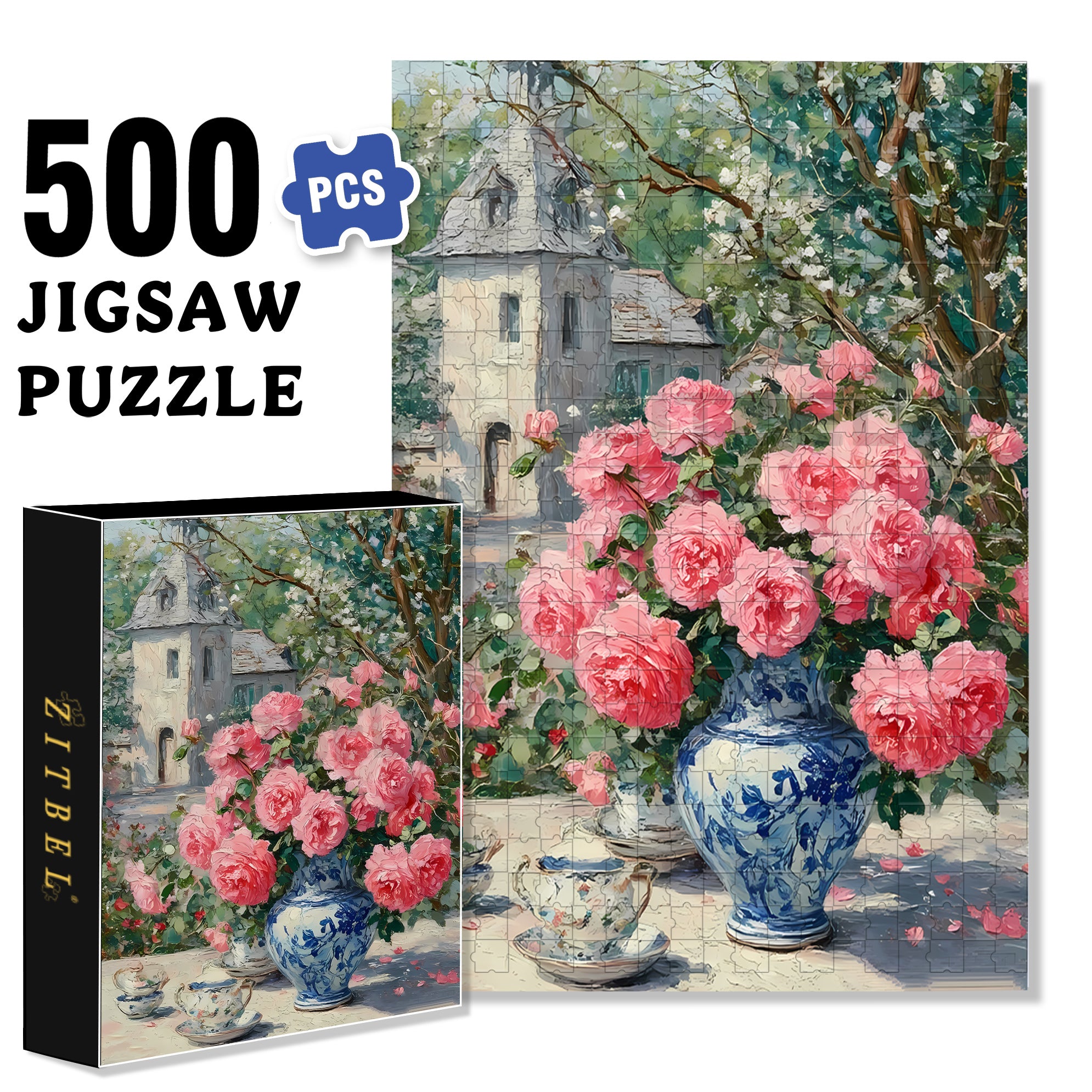 Pink Rose 500pcs/1000pcs Jigsaw Puzzle, Scratch-Resistant, Interactive Family Game & Brain-Boosting DIY Decor, Perfect for Halloween, Christmas & New Year Gifts, Family Puzzle Game
