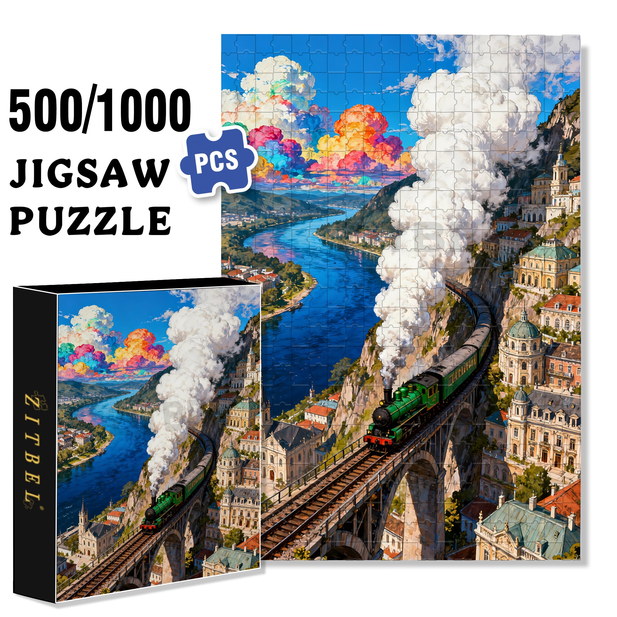Retro Train 500pcs/1000pcs Jigsaw Puzzle, Scratch-Resistant, Interactive Family Game & Brain-Boosting DIY Decor, Perfect for Halloween, Christmas & New Year Gifts, Family Puzzle Game