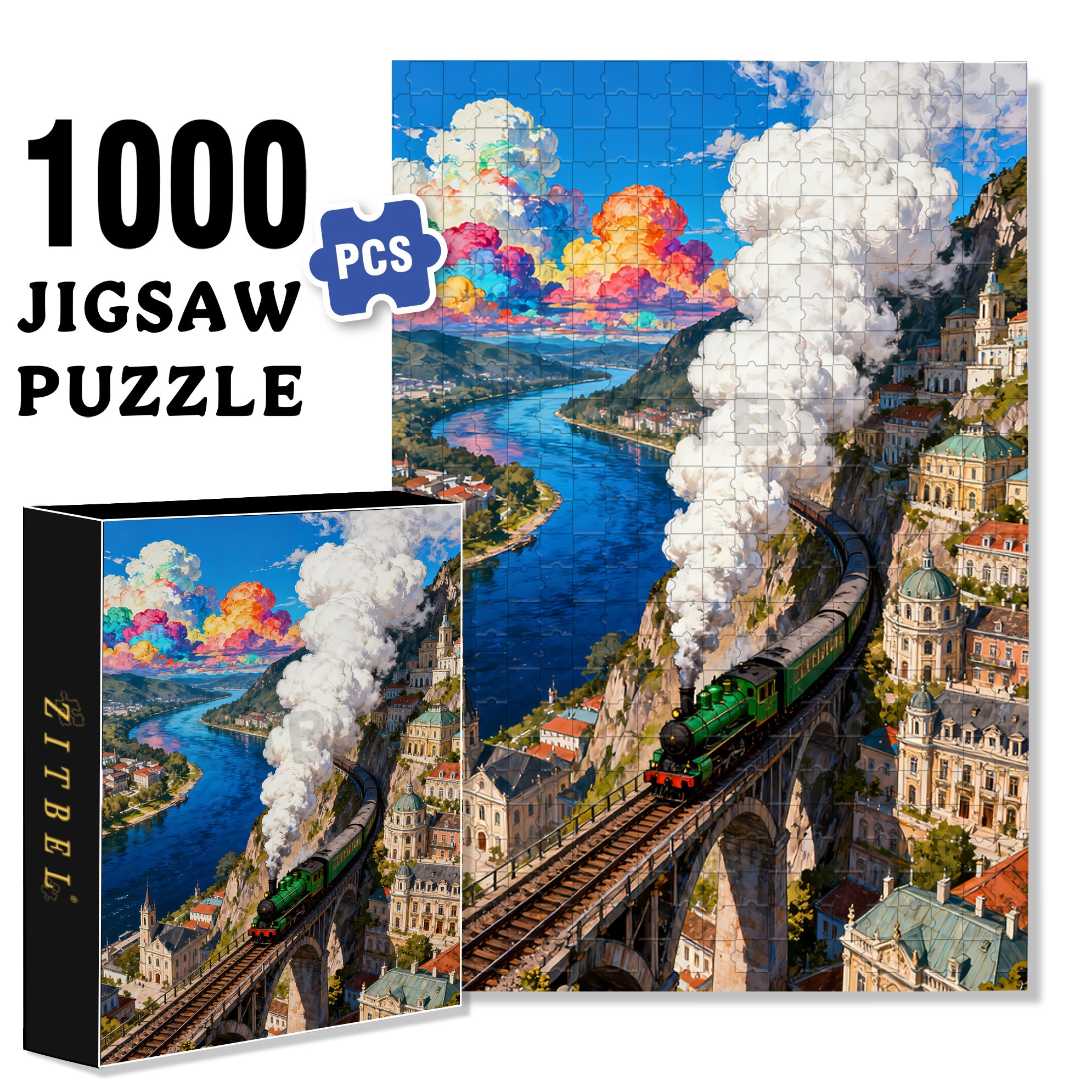 Retro Train 500pcs/1000pcs Jigsaw Puzzle, Scratch-Resistant, Interactive Family Game & Brain-Boosting DIY Decor, Perfect for Halloween, Christmas & New Year Gifts, Family Puzzle Game