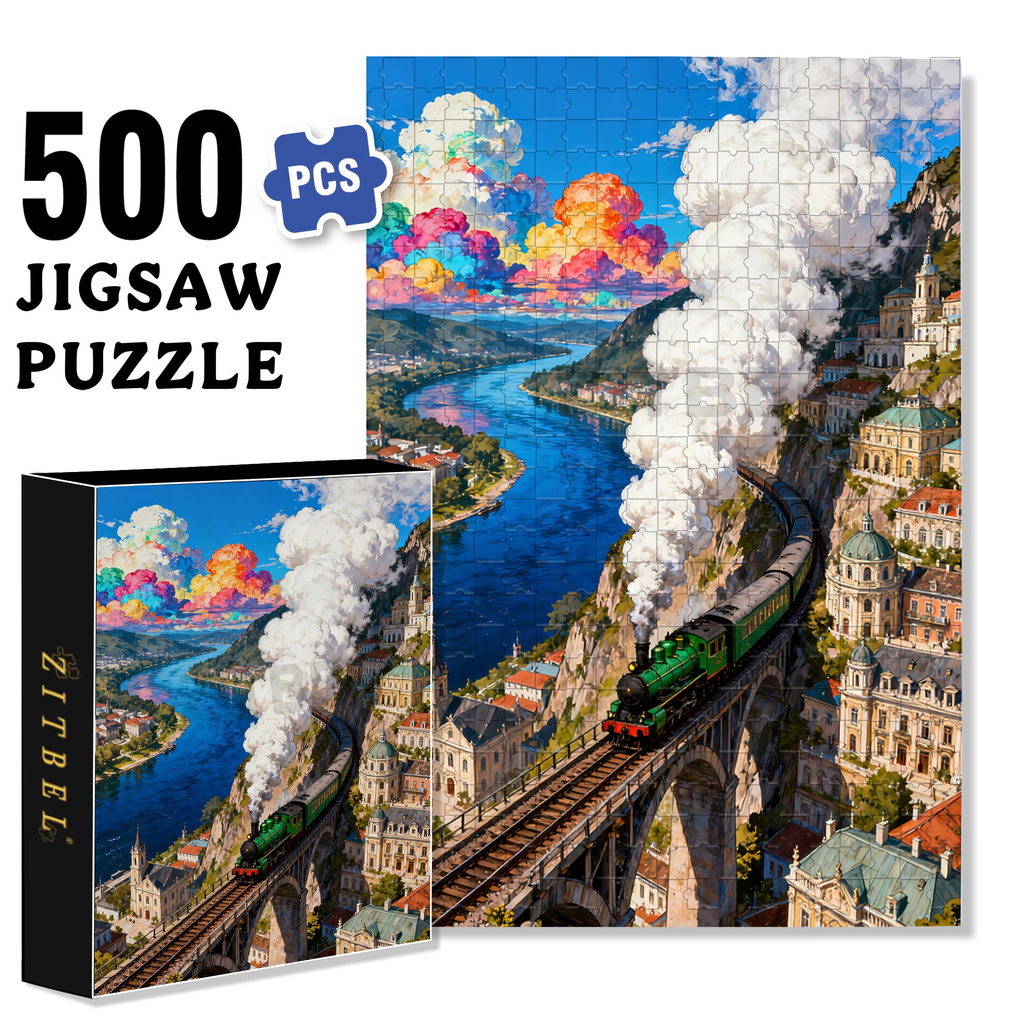 Retro Train 500pcs/1000pcs Jigsaw Puzzle, Scratch-Resistant, Interactive Family Game & Brain-Boosting DIY Decor, Perfect for Halloween, Christmas & New Year Gifts, Family Puzzle Game