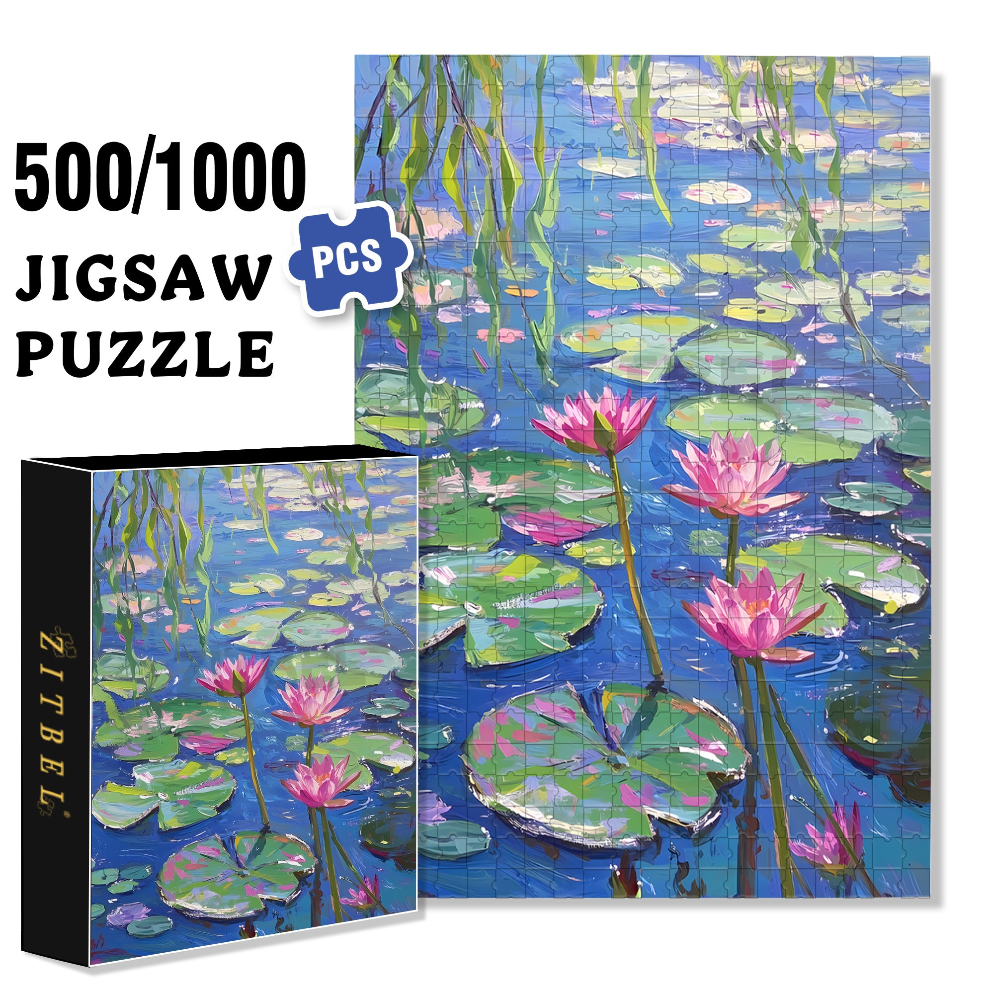 Water Lily 500pcs/1000pcs Jigsaw Puzzle, Scratch-Resistant, Interactive Family Game & Brain-Boosting DIY Decor, Perfect for Halloween, Christmas & New Year Gifts, Family Puzzle Game