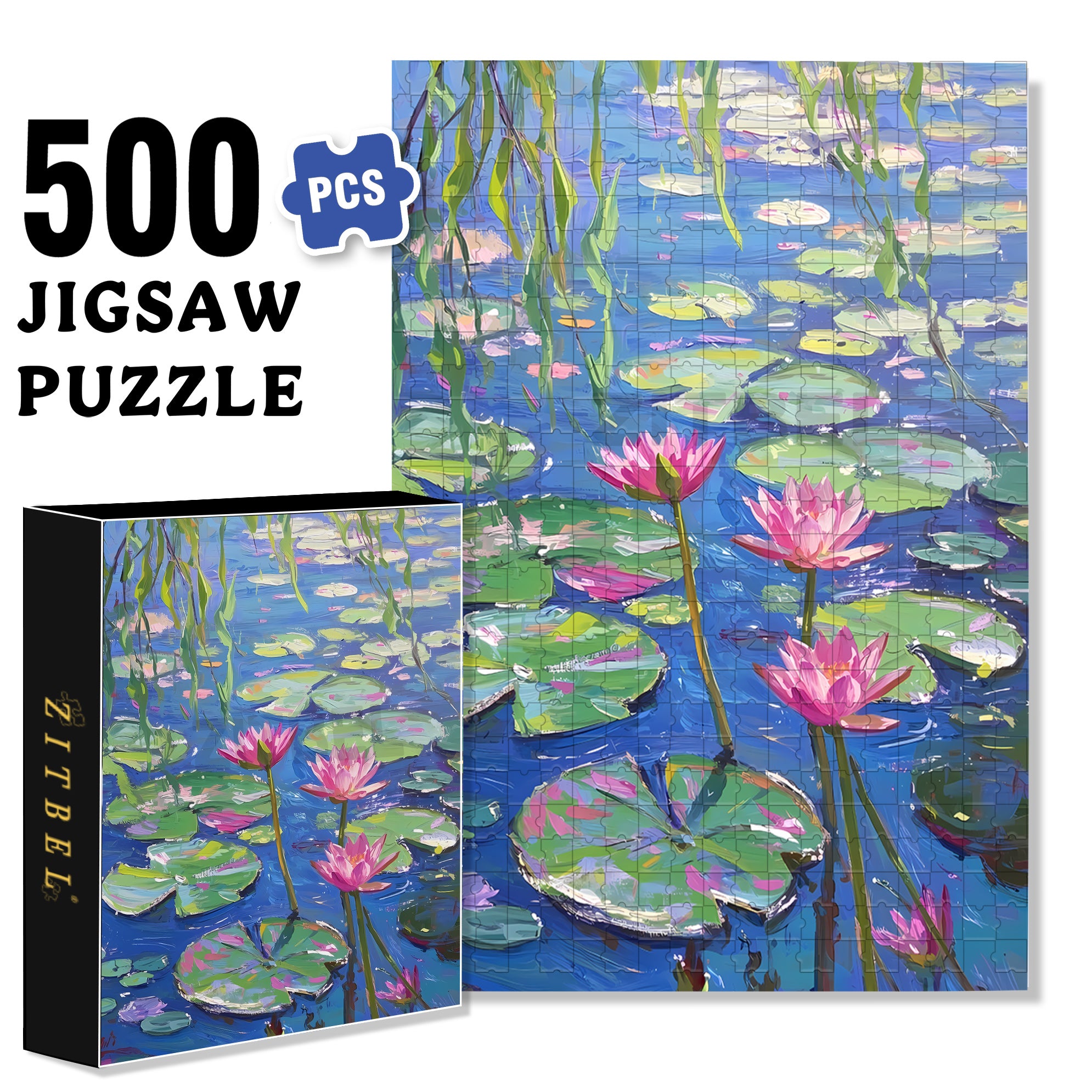 Water Lily 500pcs/1000pcs Jigsaw Puzzle, Scratch-Resistant, Interactive Family Game & Brain-Boosting DIY Decor, Perfect for Halloween, Christmas & New Year Gifts, Family Puzzle Game