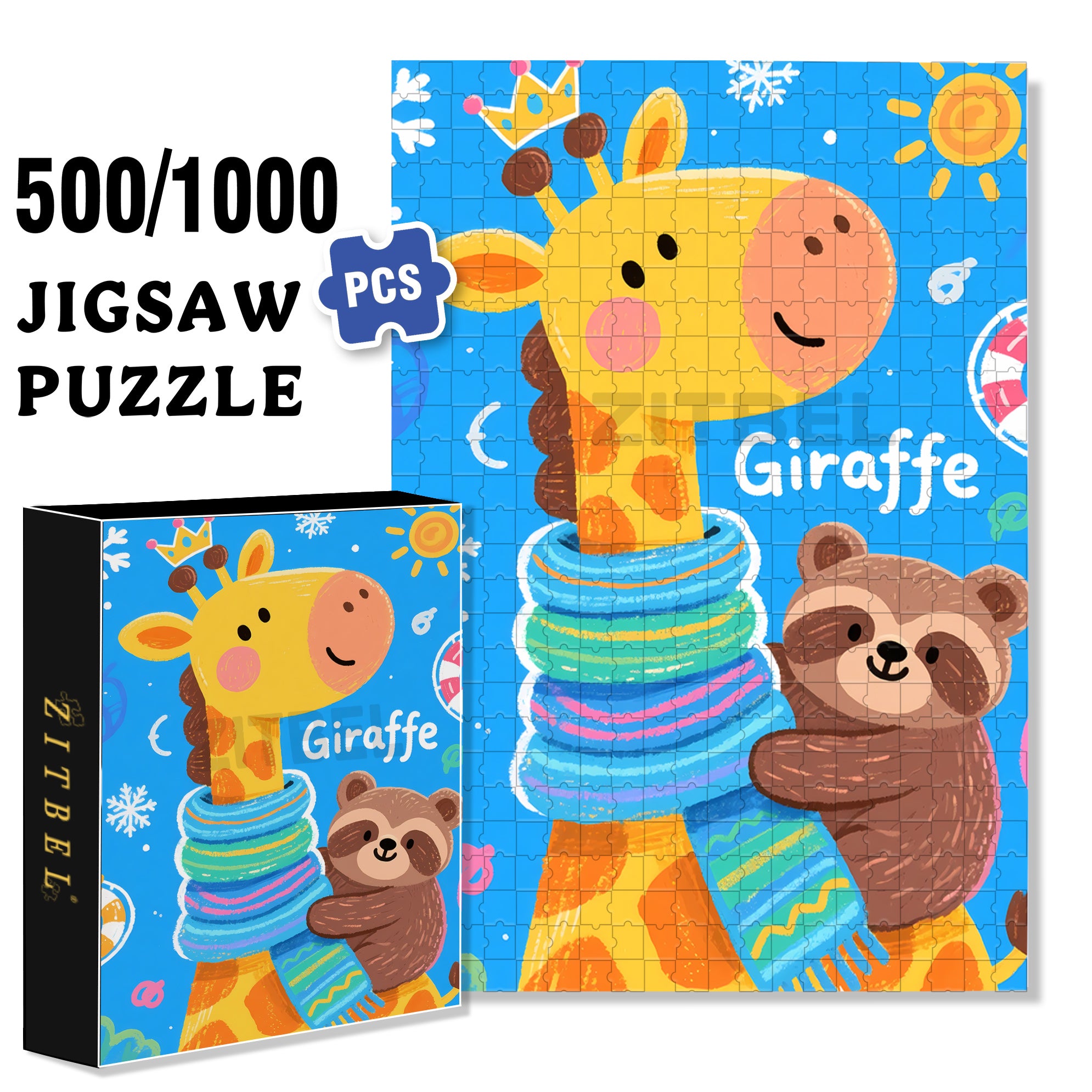Giraffe and Raccoon 500pcs/1000pcs Jigsaw Puzzle, Scratch-Resistant, Interactive Family Game & Brain-Boosting DIY Decor, Perfect for Halloween, Christmas & New Year Gifts, Family Puzzle Game