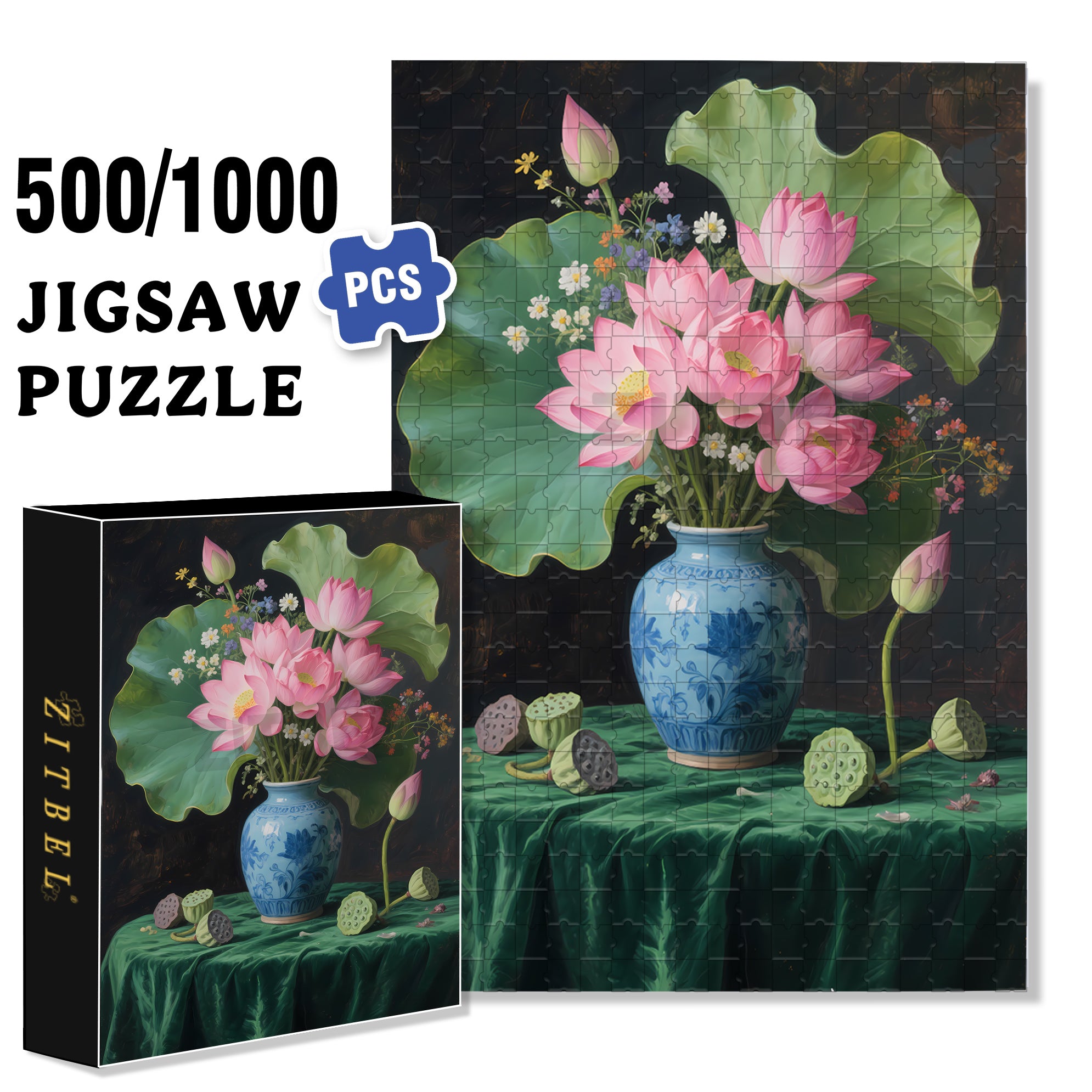 Lotus 500pcs/1000pcs Jigsaw Puzzle, Scratch-Resistant, Interactive Family Game & Brain-Boosting DIY Decor, Perfect for Halloween, Christmas & New Year Gifts, Family Puzzle Game