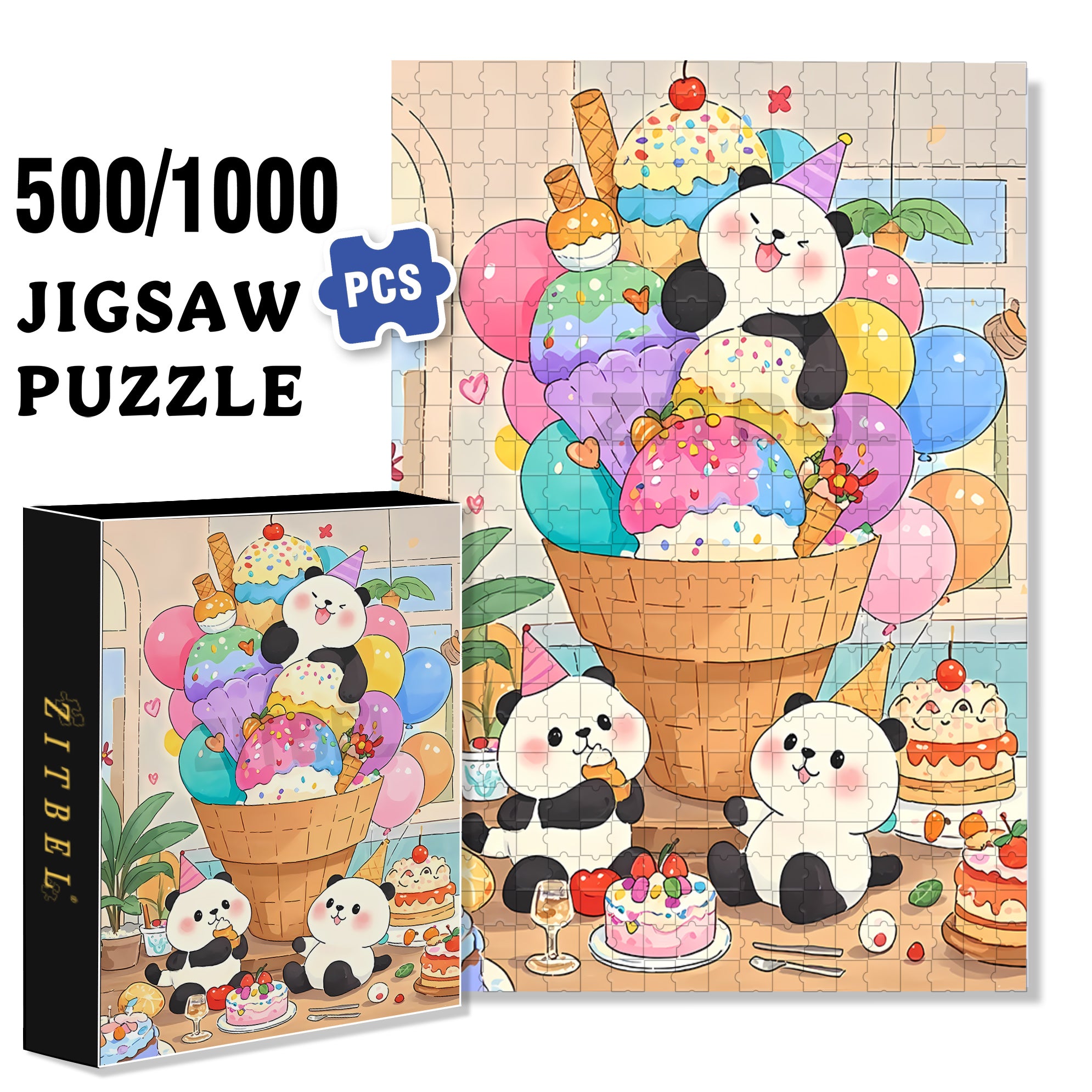 Panda Ice Cream 500pcs/1000pcs Jigsaw Puzzle, Scratch-Resistant, Interactive Family Game & Brain-Boosting DIY Decor, Perfect for Halloween, Christmas & New Year Gifts, Family Puzzle Game