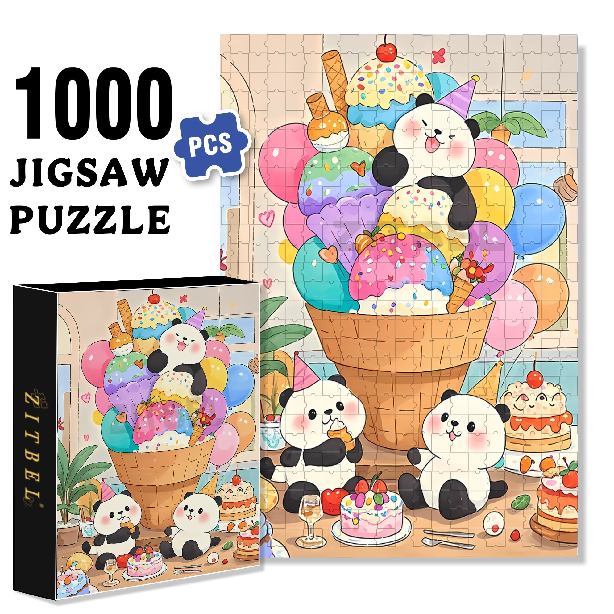 Panda Ice Cream 500pcs/1000pcs Jigsaw Puzzle, Scratch-Resistant, Interactive Family Game & Brain-Boosting DIY Decor, Perfect for Halloween, Christmas & New Year Gifts, Family Puzzle Game