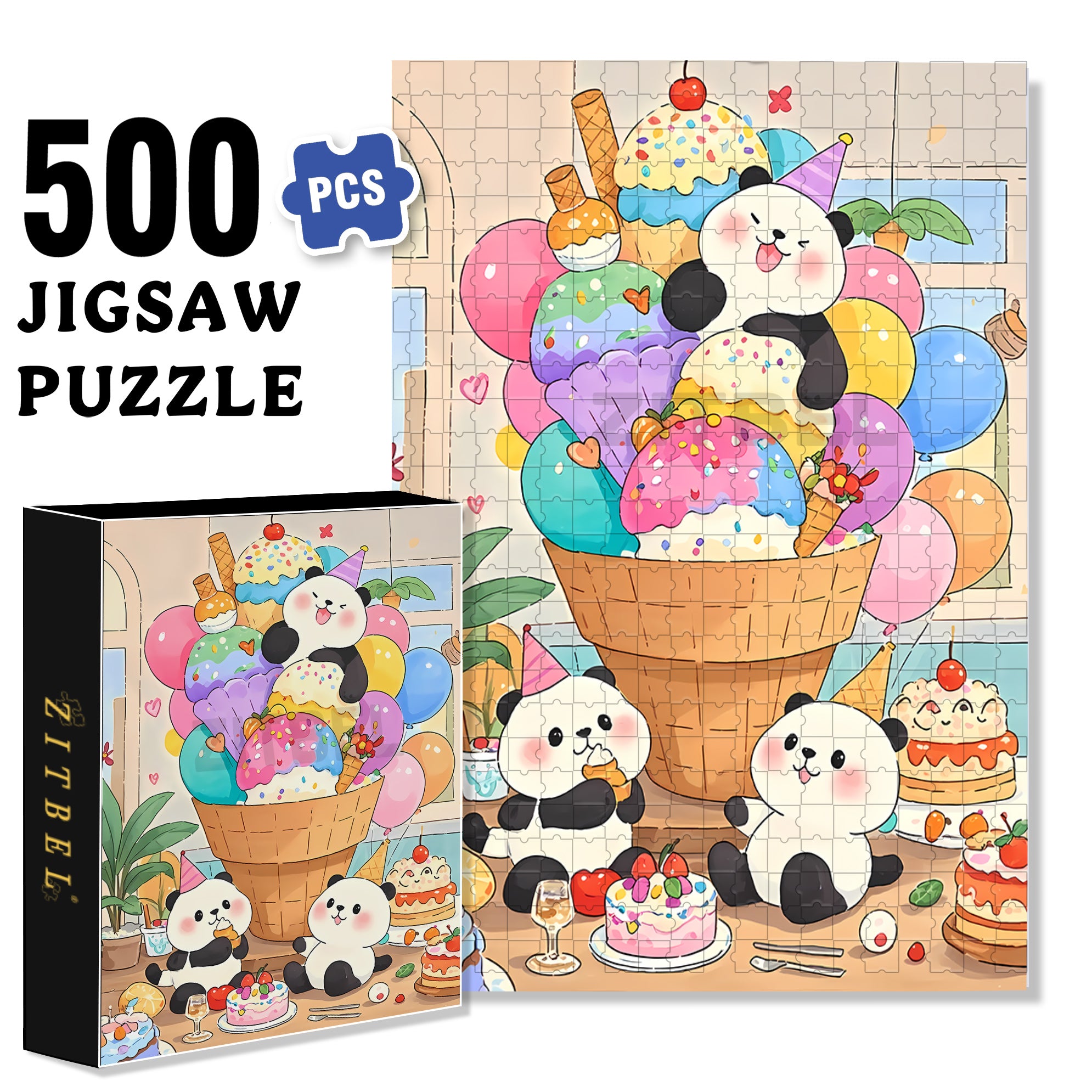 Panda Ice Cream 500pcs/1000pcs Jigsaw Puzzle, Scratch-Resistant, Interactive Family Game & Brain-Boosting DIY Decor, Perfect for Halloween, Christmas & New Year Gifts, Family Puzzle Game