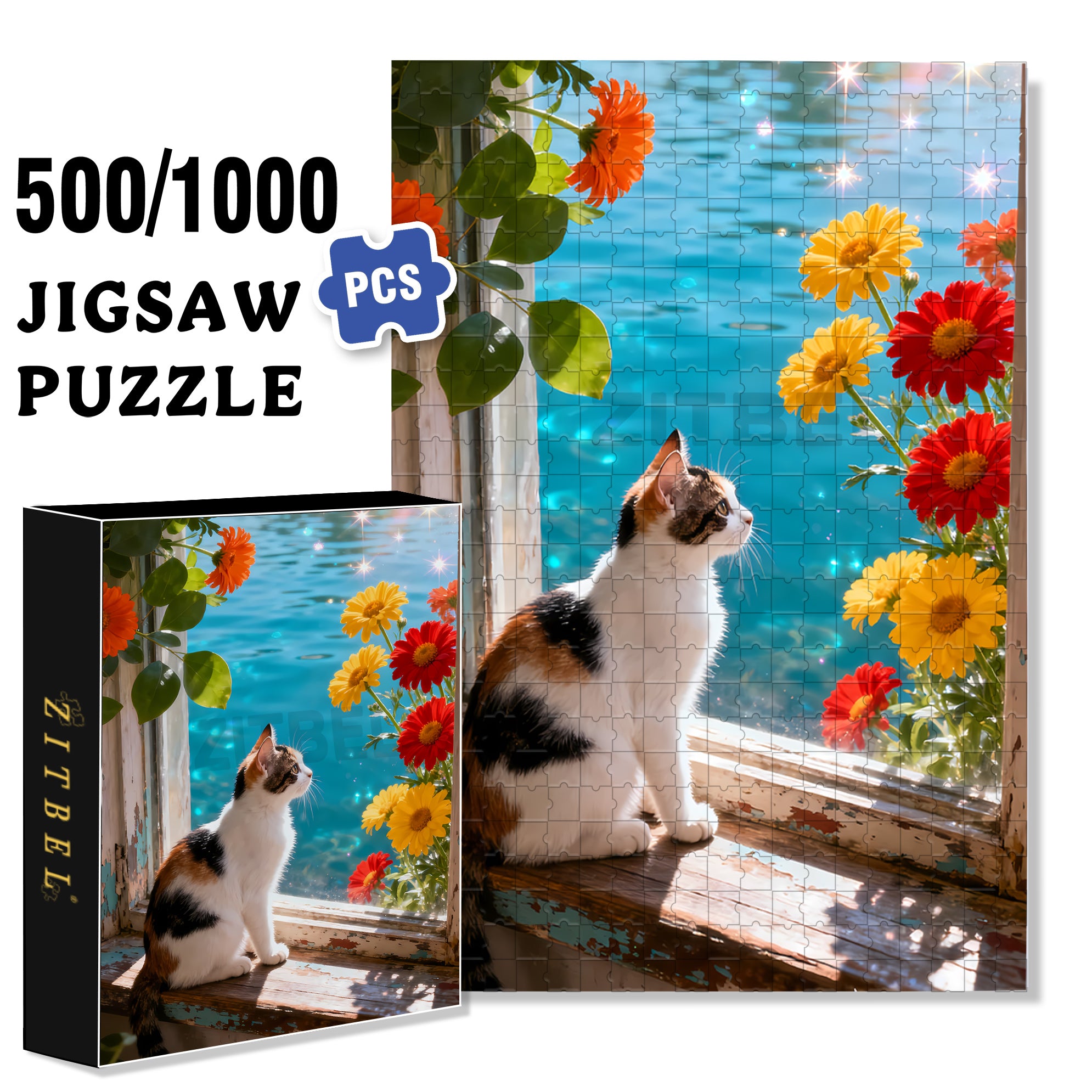 Cute Kitten 500pcs/1000pcs Jigsaw Puzzle, Scratch-Resistant, Interactive Family Game & Brain-Boosting DIY Decor, Perfect for Halloween, Christmas & New Year Gifts, Family Puzzle Game