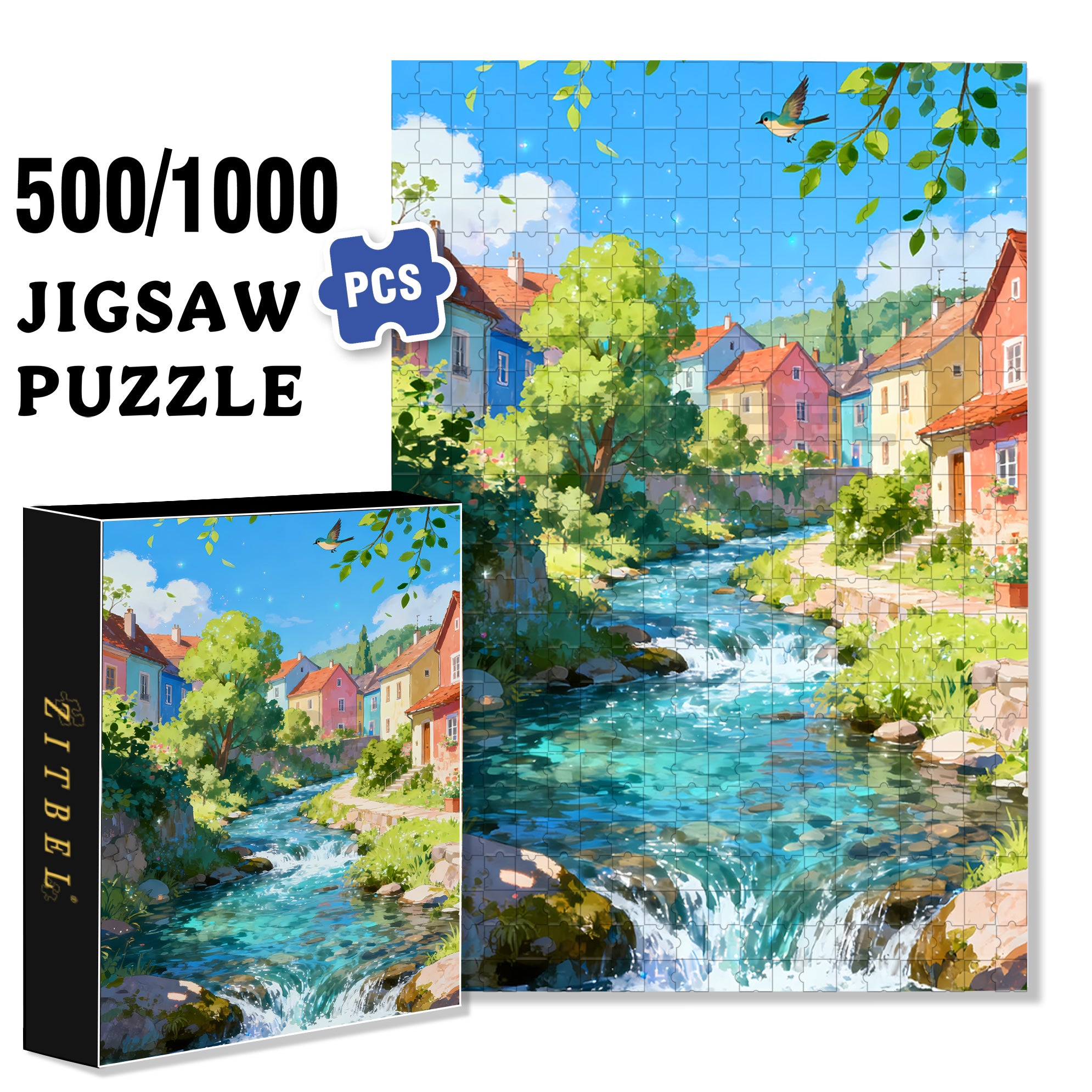 Dream Town 500pcs/1000pcs Jigsaw Puzzle, Scratch-Resistant, Interactive Family Game & Brain-Boosting DIY Decor, Perfect for Halloween, Christmas & New Year Gifts, Family Puzzle Game
