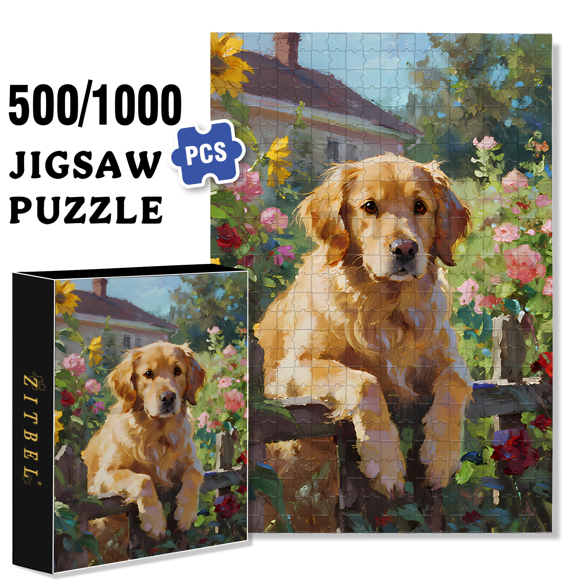 Golden Retriever 500pcs/1000pcs Jigsaw Puzzle, Scratch-Resistant, Interactive Family Game & Brain-Boosting DIY Decor, Perfect for Halloween, Christmas & New Year Gifts, Family Puzzle Game