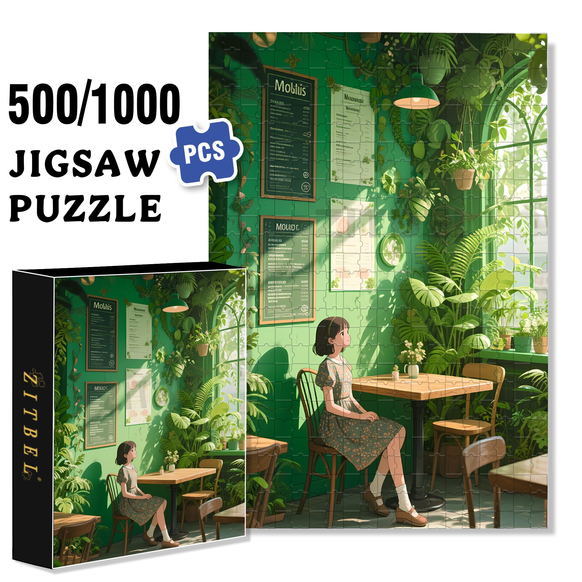 Green Cafe 500pcs/1000pcs Jigsaw Puzzle, Scratch-Resistant, Interactive Family Game & Brain-Boosting DIY Decor, Perfect for Halloween, Christmas & New Year Gifts, Family Puzzle Game