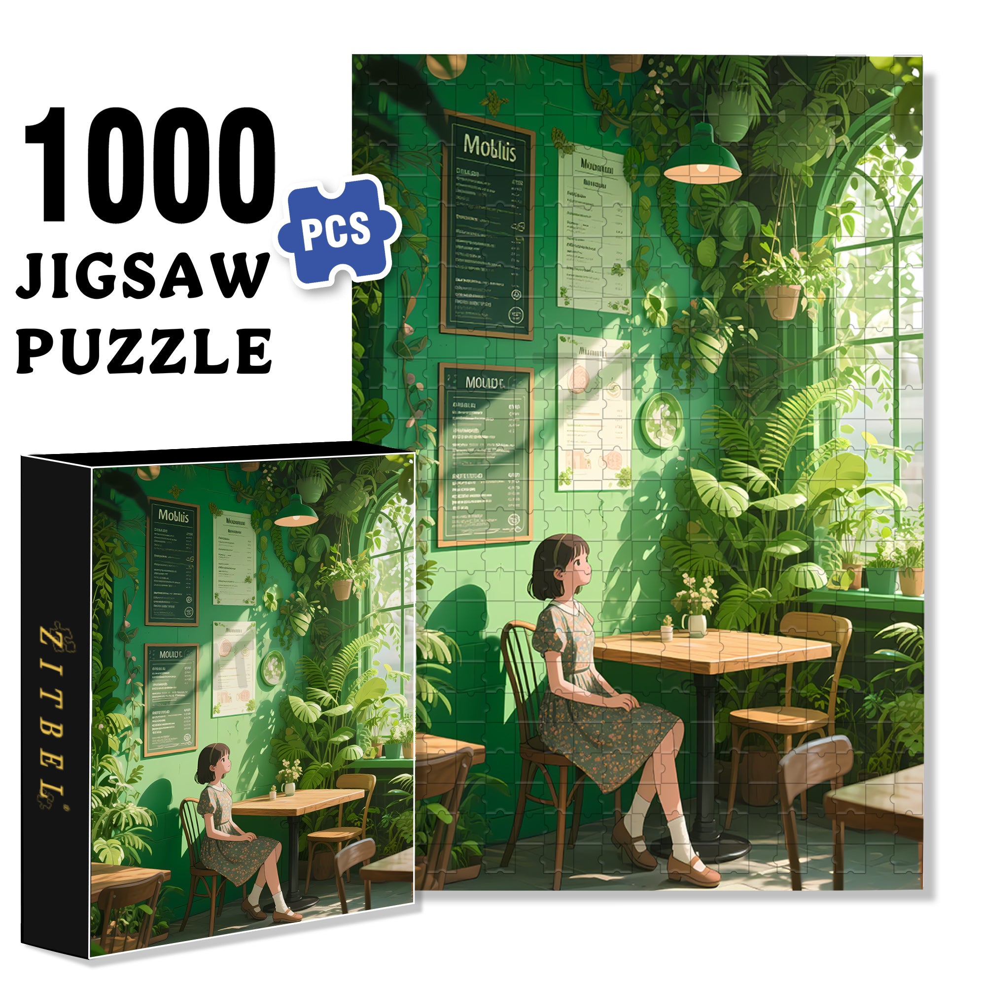 Green Cafe 500pcs/1000pcs Jigsaw Puzzle, Scratch-Resistant, Interactive Family Game & Brain-Boosting DIY Decor, Perfect for Halloween, Christmas & New Year Gifts, Family Puzzle Game