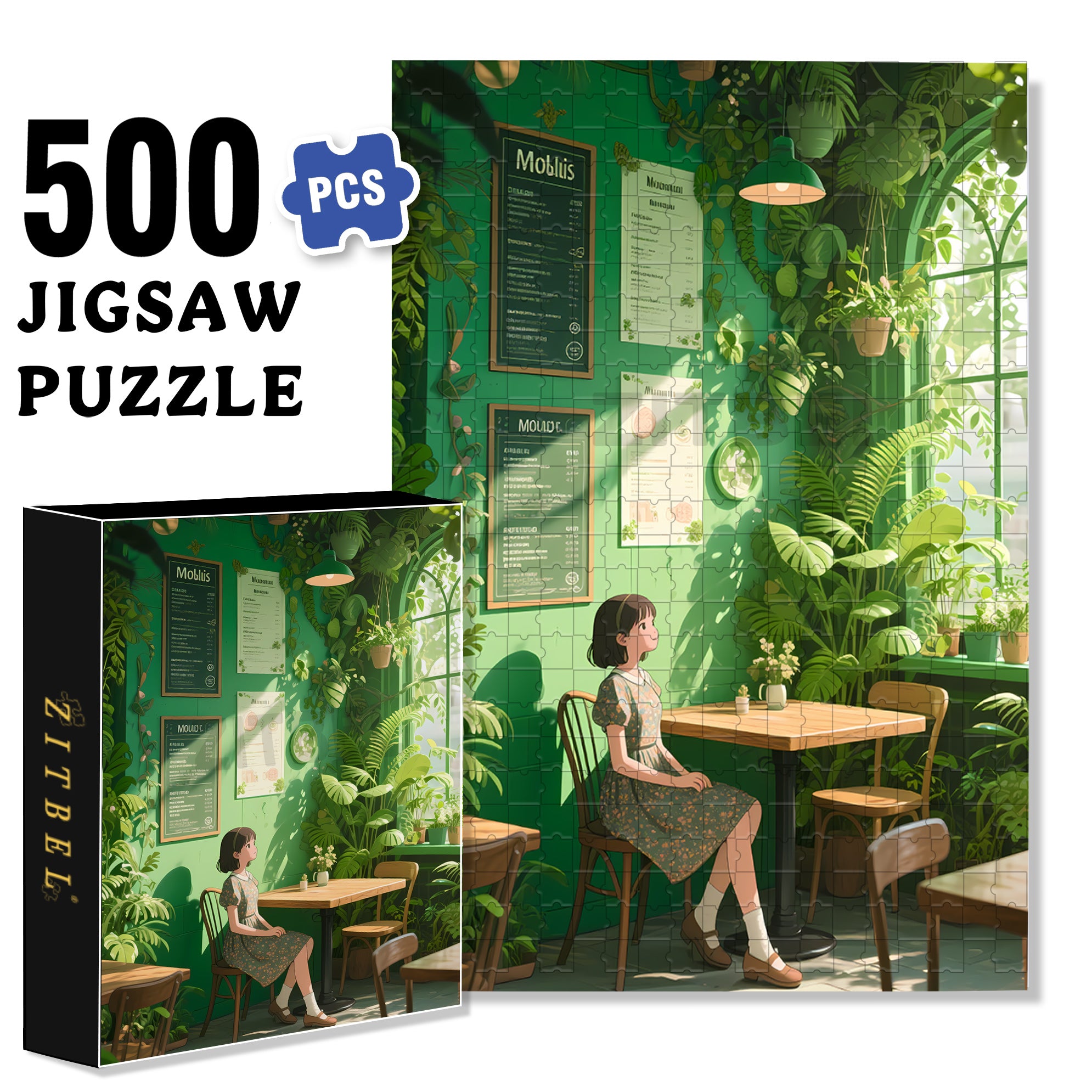 Green Cafe 500pcs/1000pcs Jigsaw Puzzle, Scratch-Resistant, Interactive Family Game & Brain-Boosting DIY Decor, Perfect for Halloween, Christmas & New Year Gifts, Family Puzzle Game