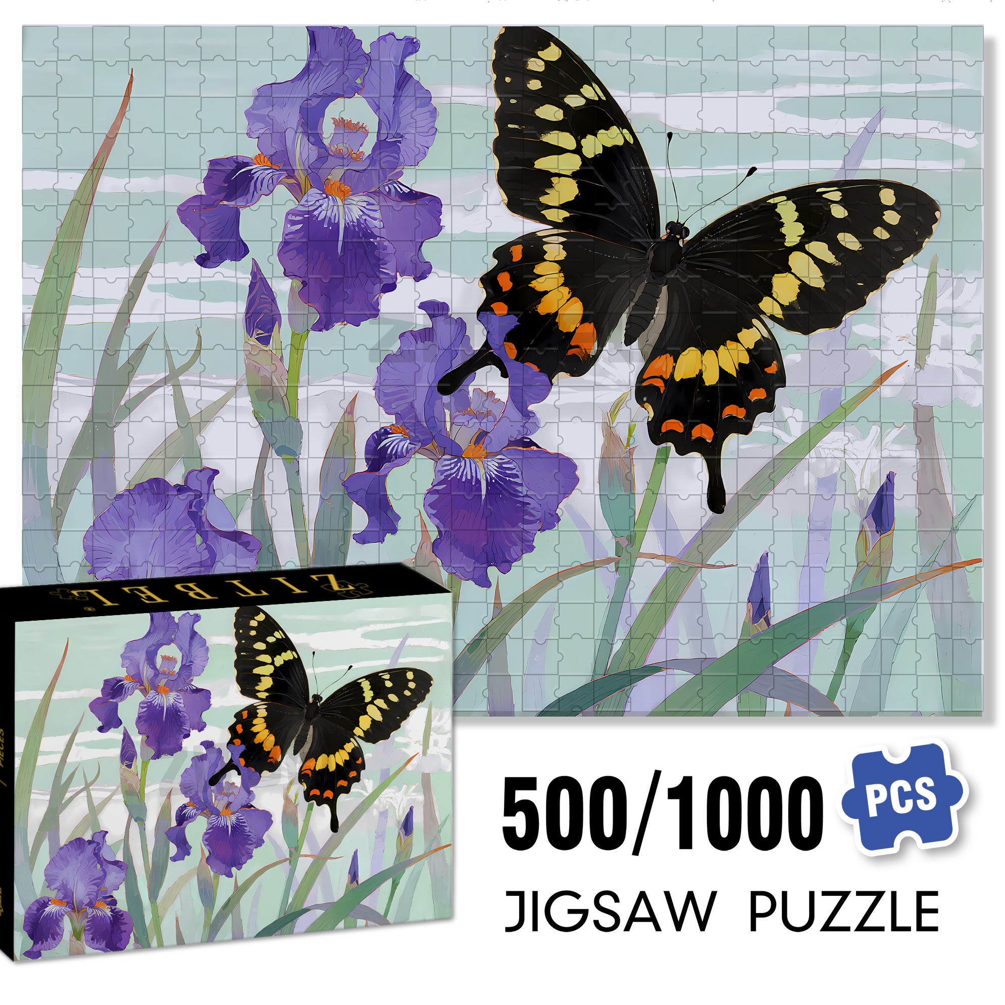 Irises And Black Butterflies 500pcs/1000pcs Jigsaw Puzzle, Scratch-Resistant, Interactive Family Game & Brain-Boosting DIY Decor, Perfect for Halloween, Christmas & New Year Gifts, Family Puzzle Game
