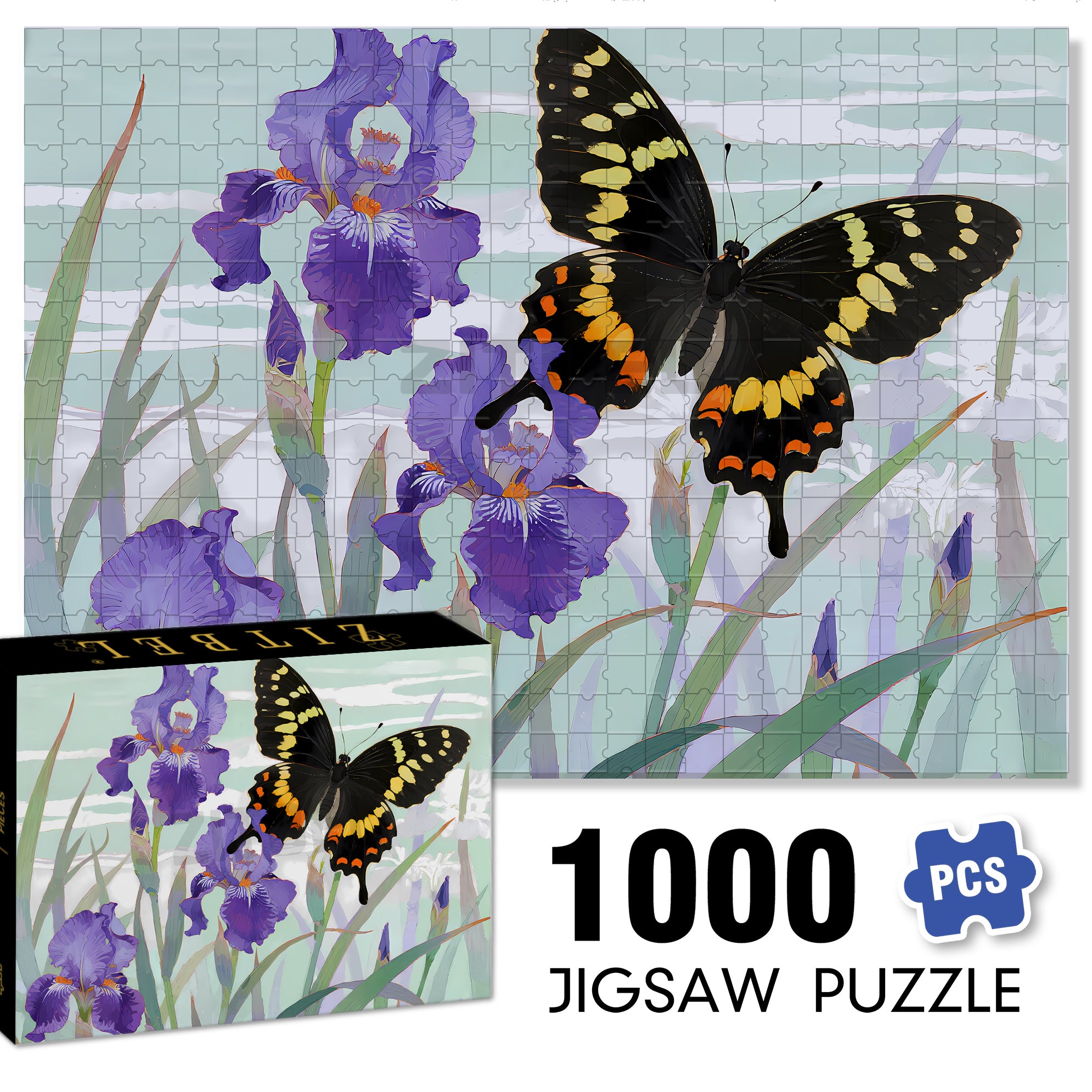 Irises And Black Butterflies 500pcs/1000pcs Jigsaw Puzzle, Scratch-Resistant, Interactive Family Game & Brain-Boosting DIY Decor, Perfect for Halloween, Christmas & New Year Gifts, Family Puzzle Game