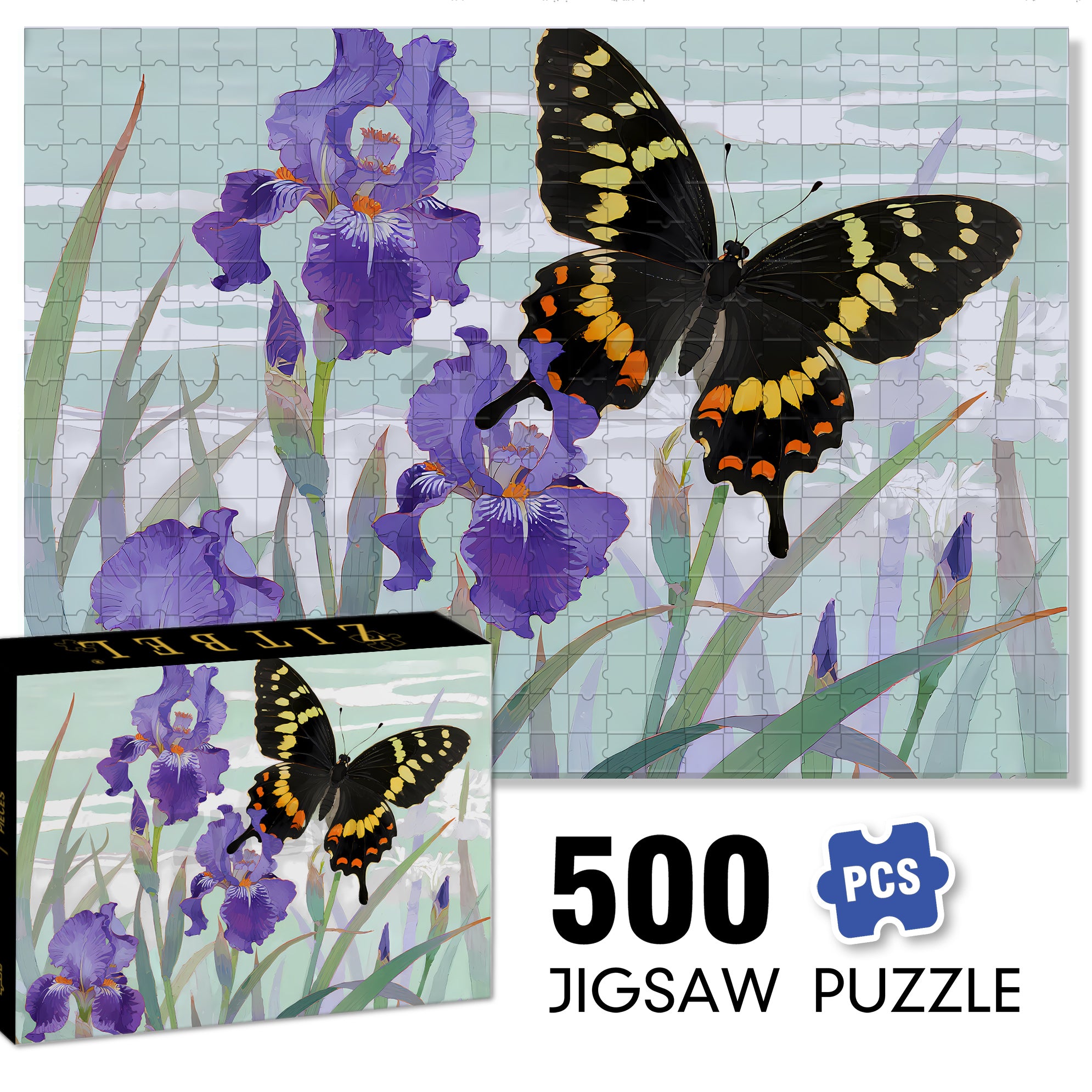 Irises And Black Butterflies 500pcs/1000pcs Jigsaw Puzzle, Scratch-Resistant, Interactive Family Game & Brain-Boosting DIY Decor, Perfect for Halloween, Christmas & New Year Gifts, Family Puzzle Game