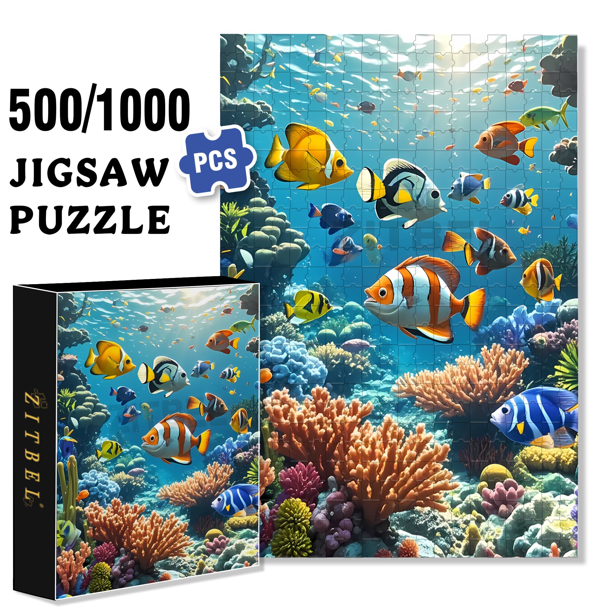 Tropical Fish 500pcs/1000pcs Jigsaw Puzzle, Scratch-Resistant, Interactive Family Game & Brain-Boosting DIY Decor, Perfect for Halloween, Christmas & New Year Gifts, Family Puzzle Game