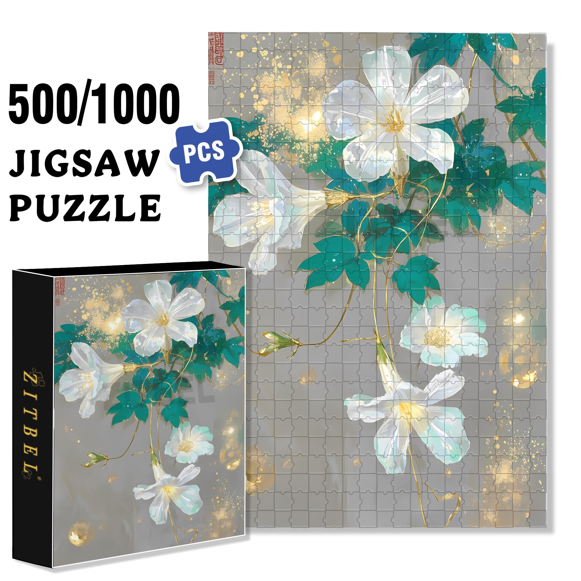 White Flowers 500pcs/1000pcs Jigsaw Puzzle, Scratch-Resistant, Interactive Family Game & Brain-Boosting DIY Decor, Perfect for Halloween, Christmas & New Year Gifts, Family Puzzle Game