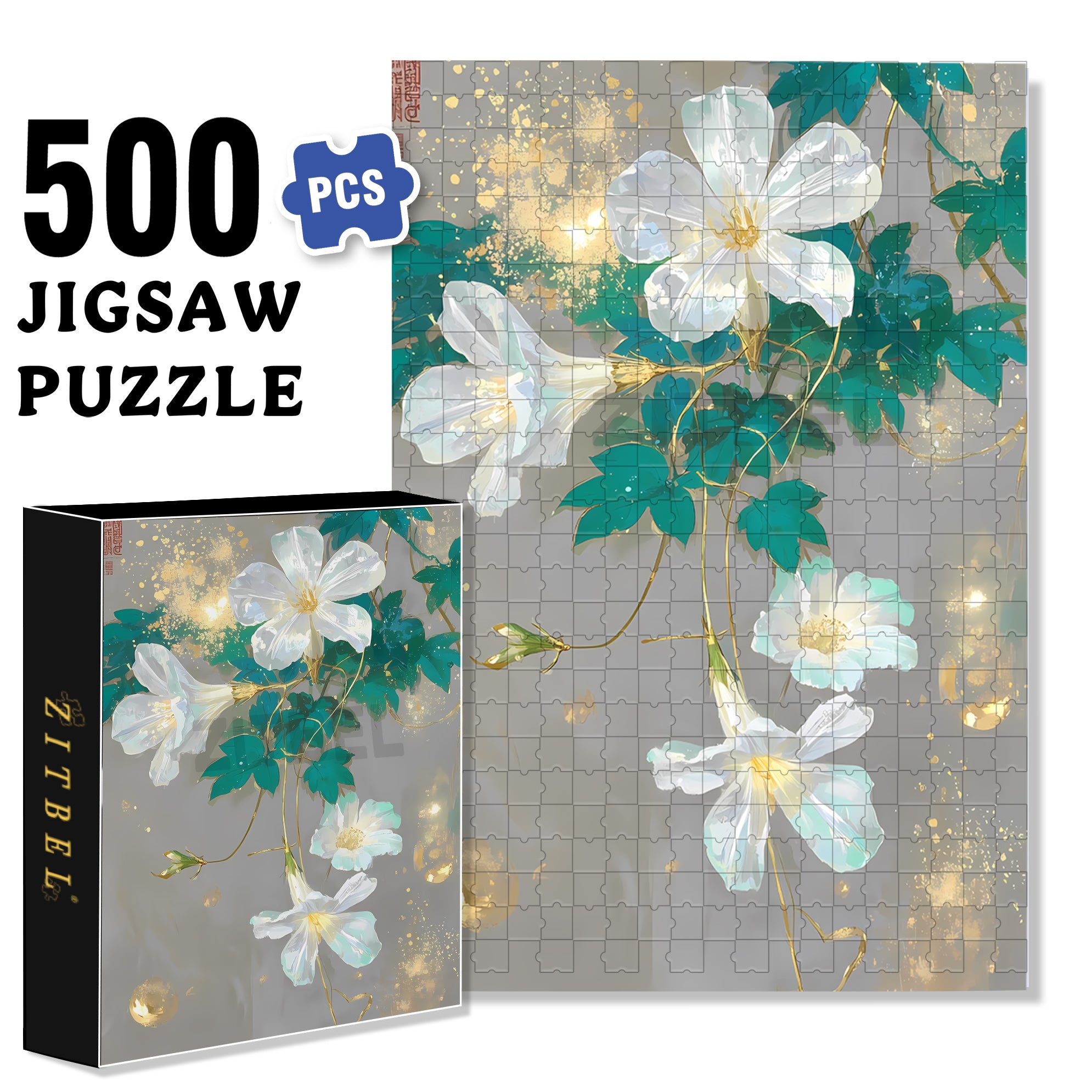 White Flowers 500pcs/1000pcs Jigsaw Puzzle, Scratch-Resistant, Interactive Family Game & Brain-Boosting DIY Decor, Perfect for Halloween, Christmas & New Year Gifts, Family Puzzle Game