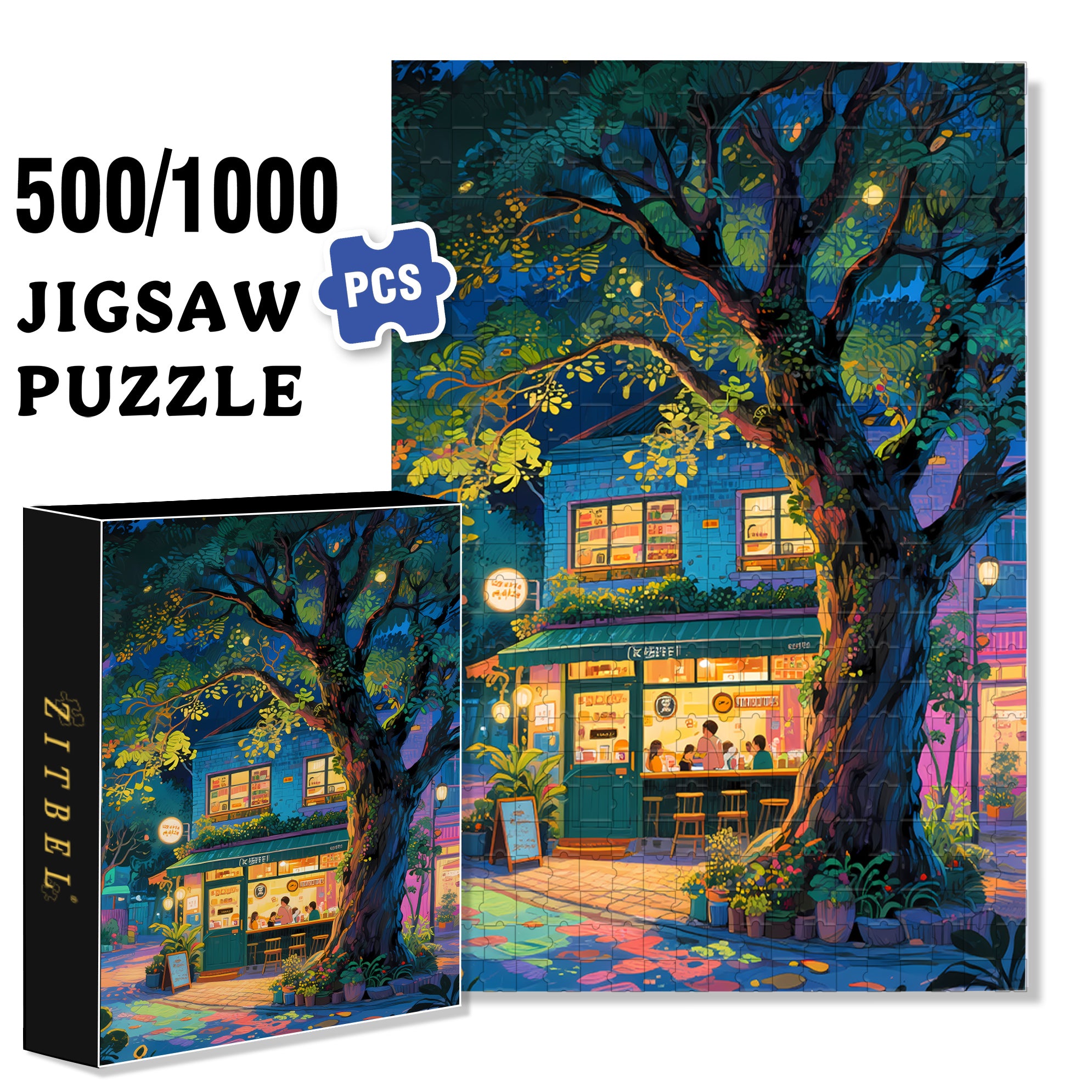 Coffee Shop Under The Big Tree 500pcs/1000pcs Jigsaw Puzzle, Scratch-Resistant, Interactive Family Game & Brain-Boosting DIY Decor, Perfect for Halloween, Christmas & New Year Gifts, Family Puzzle Game